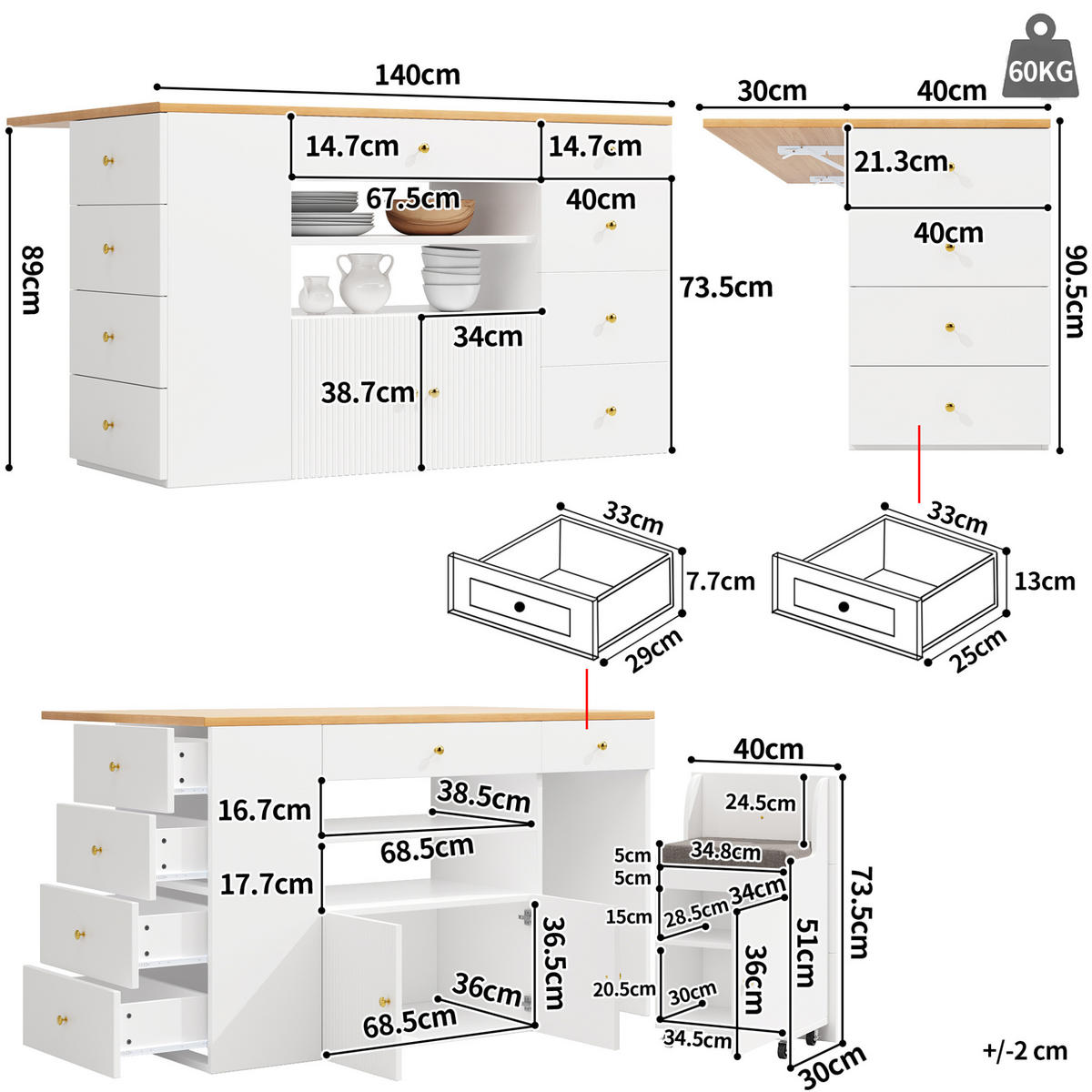 KUCHYŇSKÝ ostrůvek z MDF, 140/40/89 cm, bílý se stoličkou a úložným prostorem - bílá, kompozitní dřevo (140/89/70cm) - Modenvie