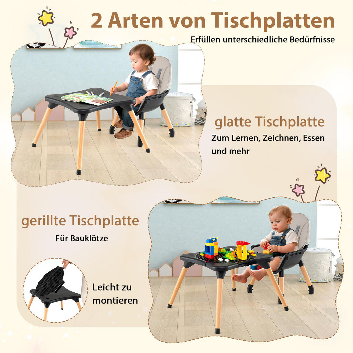 KINDERHOCHSTUHL mit Bausteintisch schwarz - Schwarz, Kunststoff (62/100/62cm) - COSTWAY