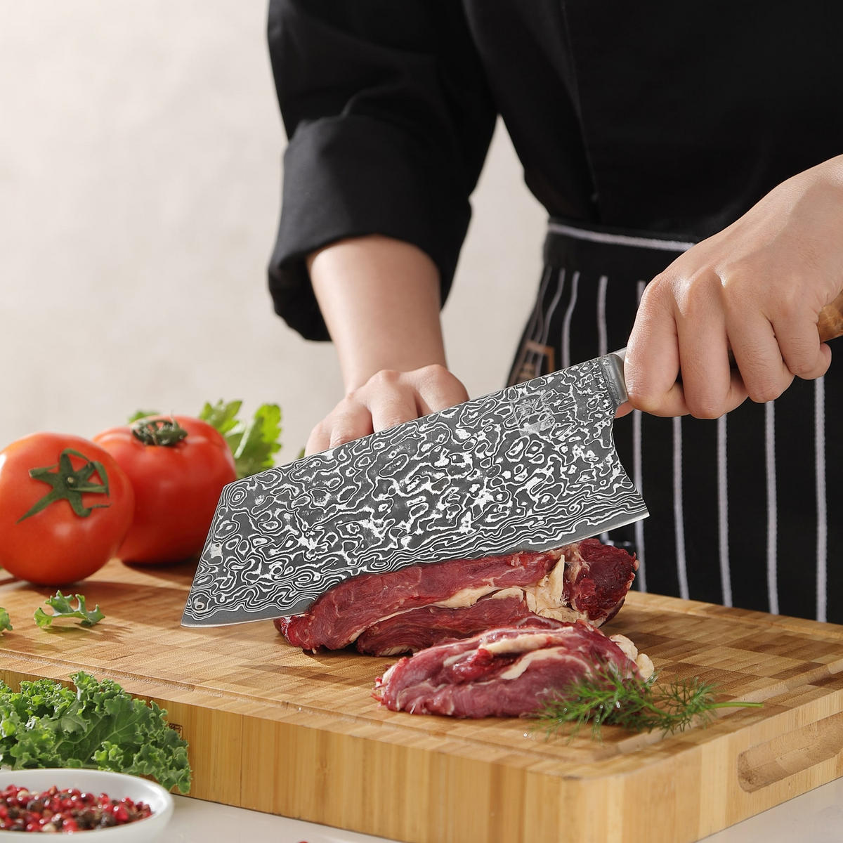BLOCKMESSER Kiritsuke Kinone Damast - Birkefarben, Holz/Metall (34cm) - Zayiko