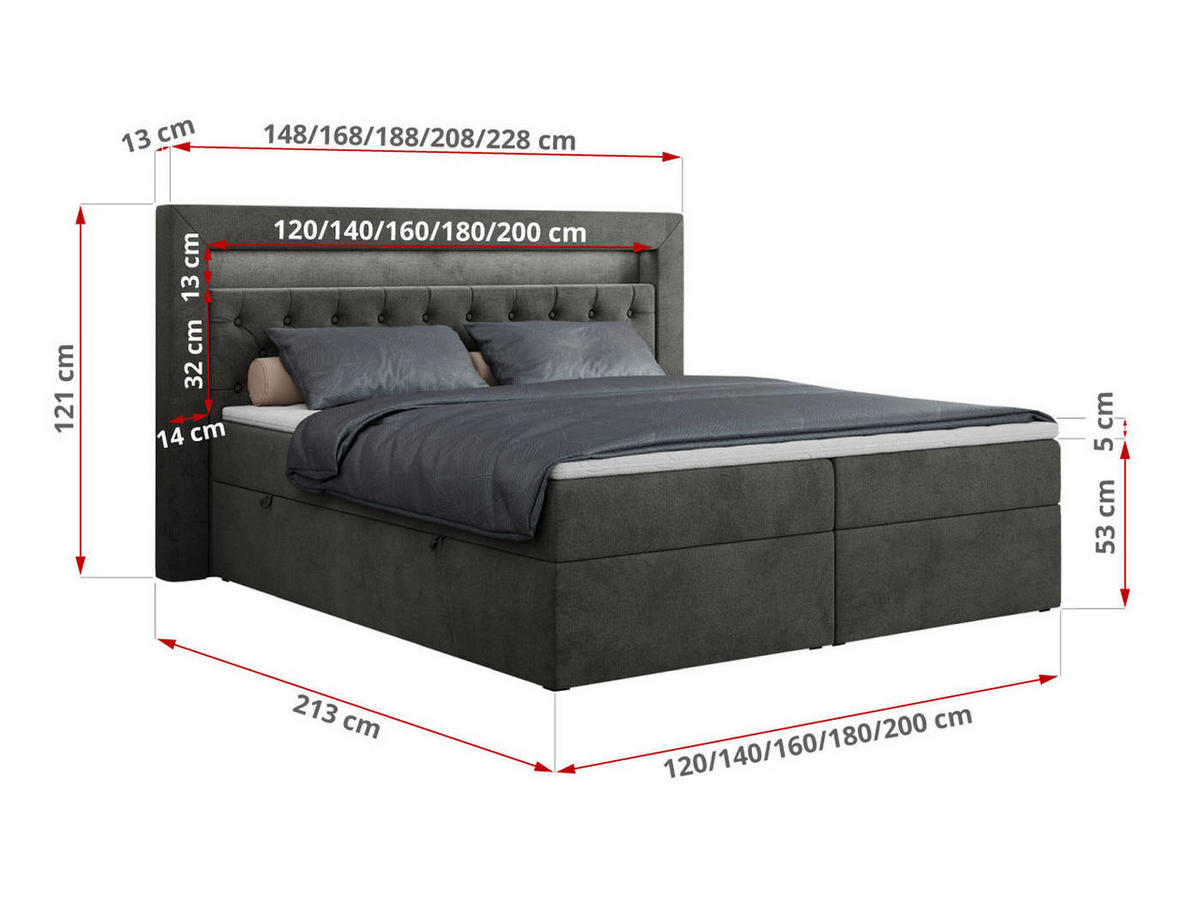 BOXBETT GOLD-6 LED 200/200 Dunkelgrau Velvet - H3 - Dunkelgrau, Holz/Textil (200/200cm) - MKS