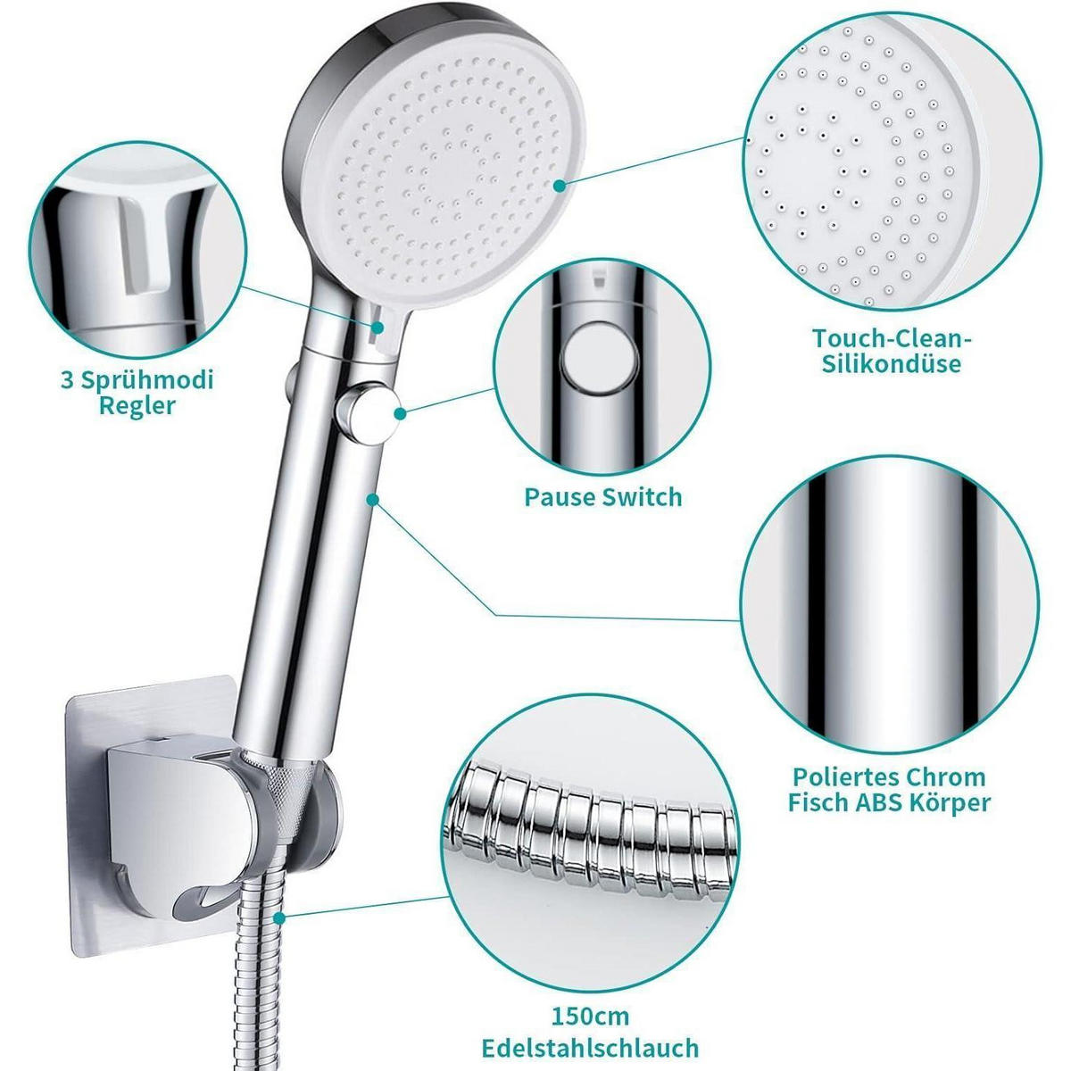 HANDBRAUSE Set 3 Strahlarten Wassersparend mit Schlauch und Halterung - Silberfarben, Metall (9/12.7/24.5cm)