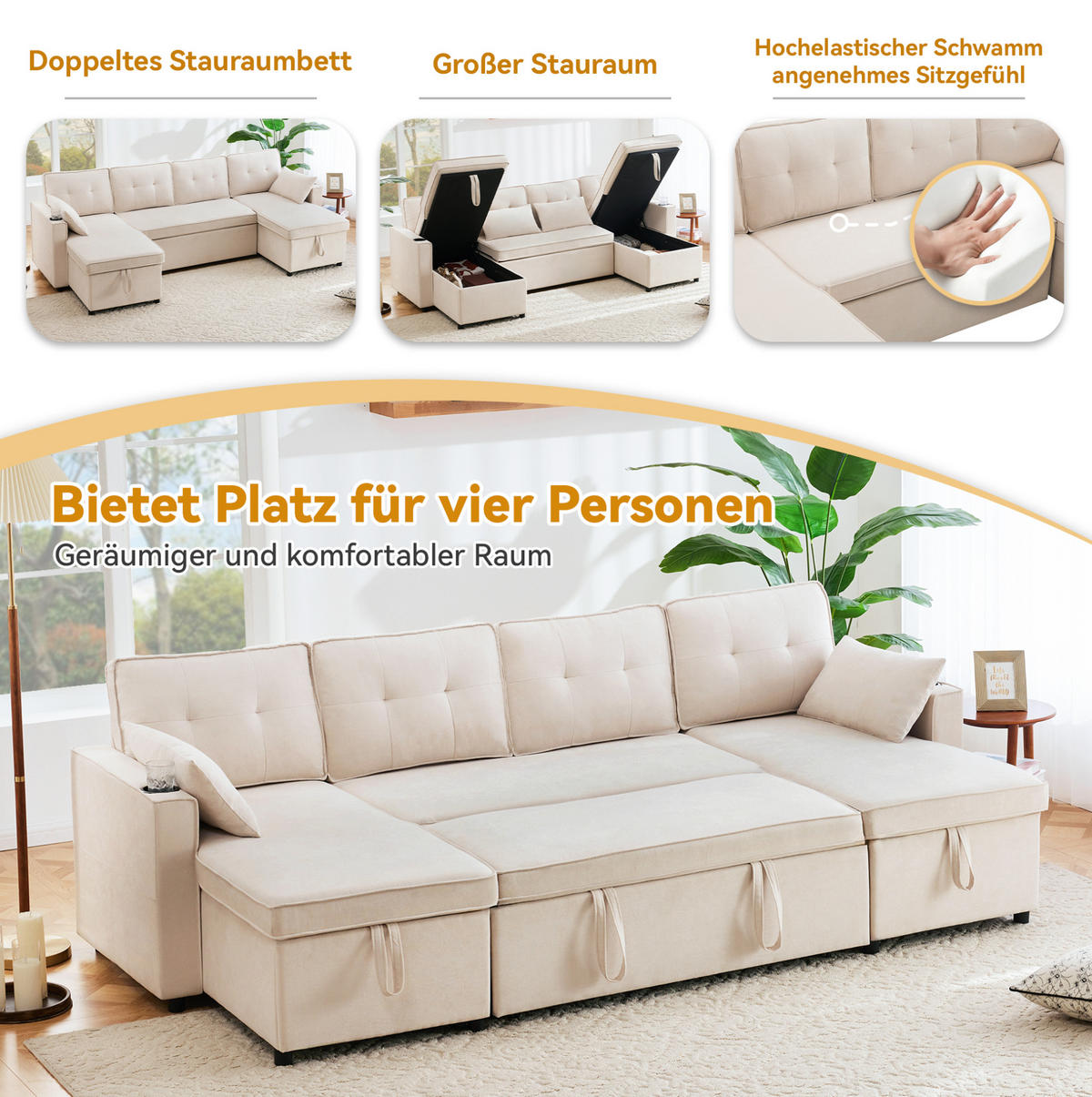SCHLAFSOFA U-Form, Baumwoll-Leinenstoff mit Stauraum & Getränkehaltern, 270/130/86 cm, Beige - Beige, Textil (130/86/270cm) - Redom