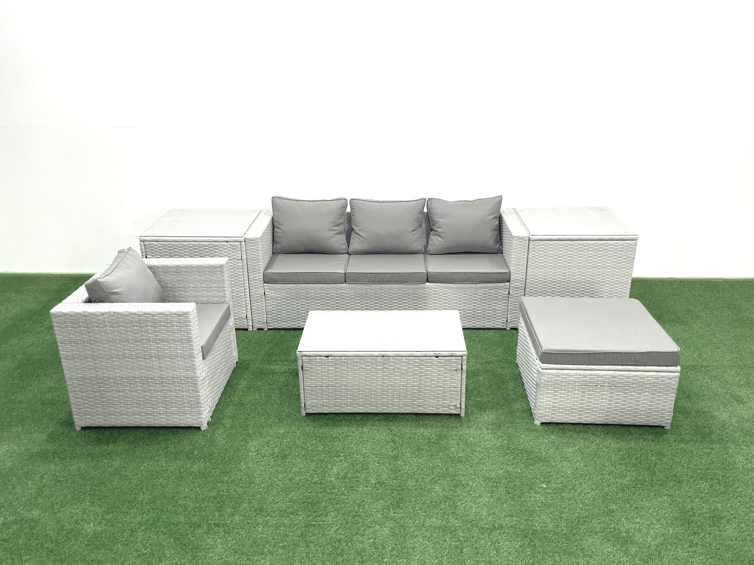 GARTENSET mit 3-SITZER SOFA,COUCHTISCH Polyrattan Hellgrau-Mix 5-Sitzer - Hellgrau/Grau, Glas/Kunststoff - Fimous