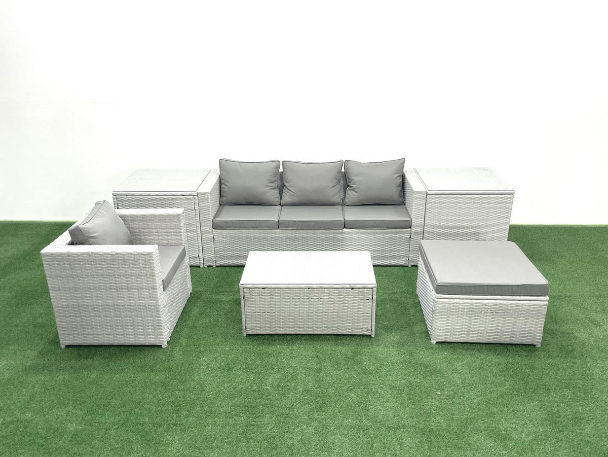GARTENSET mit 3-SITZER SOFA,COUCHTISCH Polyrattan Hellgrau-Mix 5-Sitzer - Hellgrau/Grau, Glas/Kunststoff - Fimous