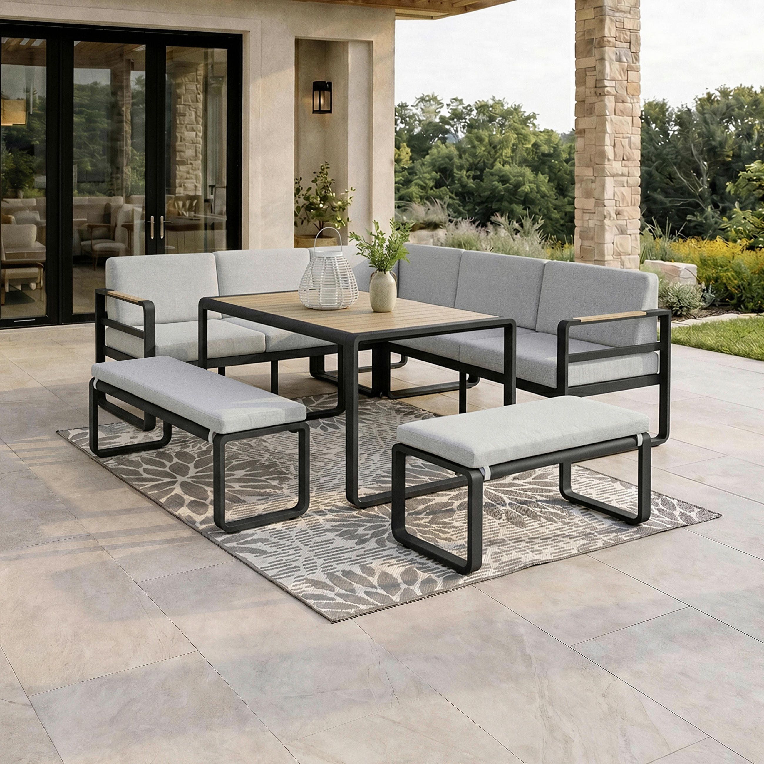 DINING-LOUNGESET Aruba Hellgr. /Schwarz Outdoorstoff/Metall - Hellgrau, Metall - Bessagi Garden