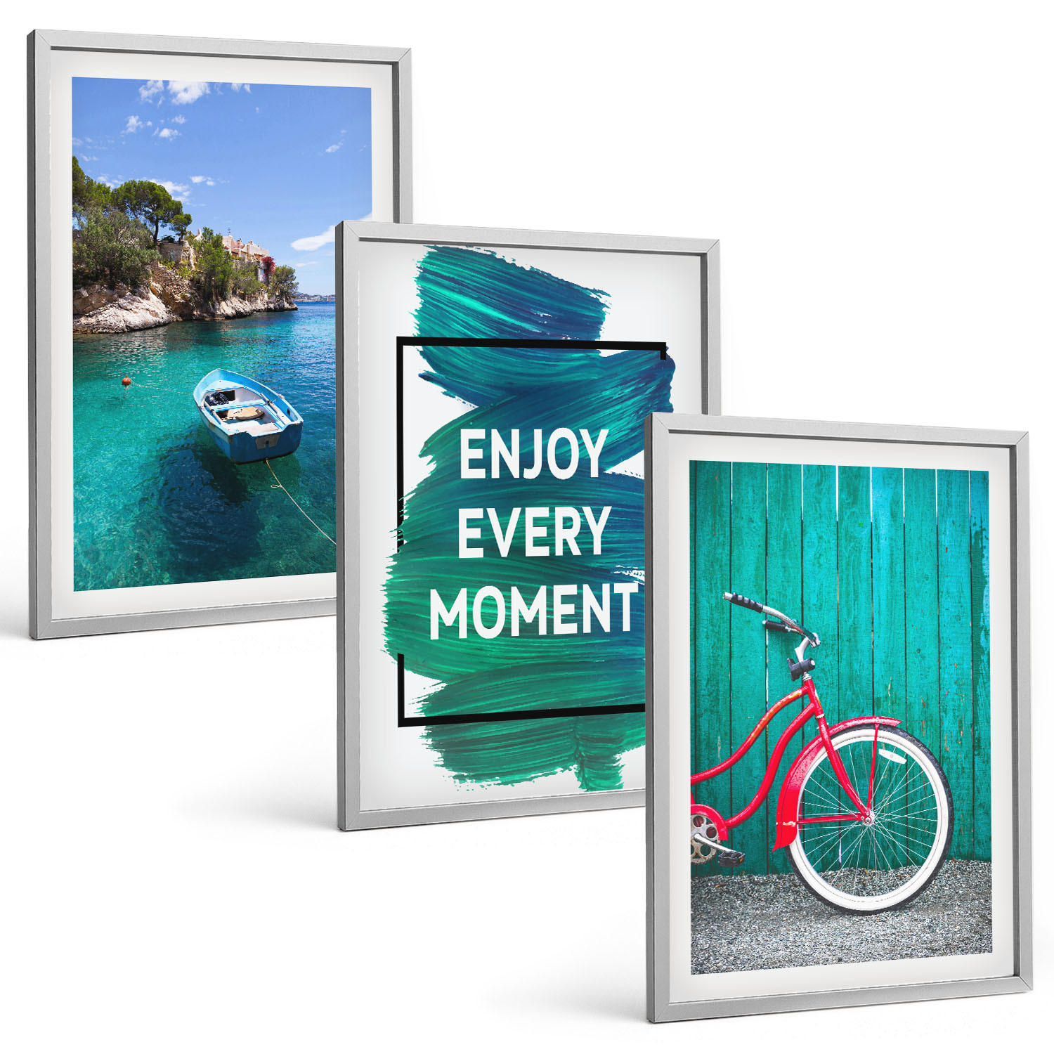 BILDER SET 3er Set - 40x60 cm Silberner Rahmen - Inspiration für ein Fahrrad mit Seeboot - Silberfarben, Kunststoff (40/60cm) - TULUP