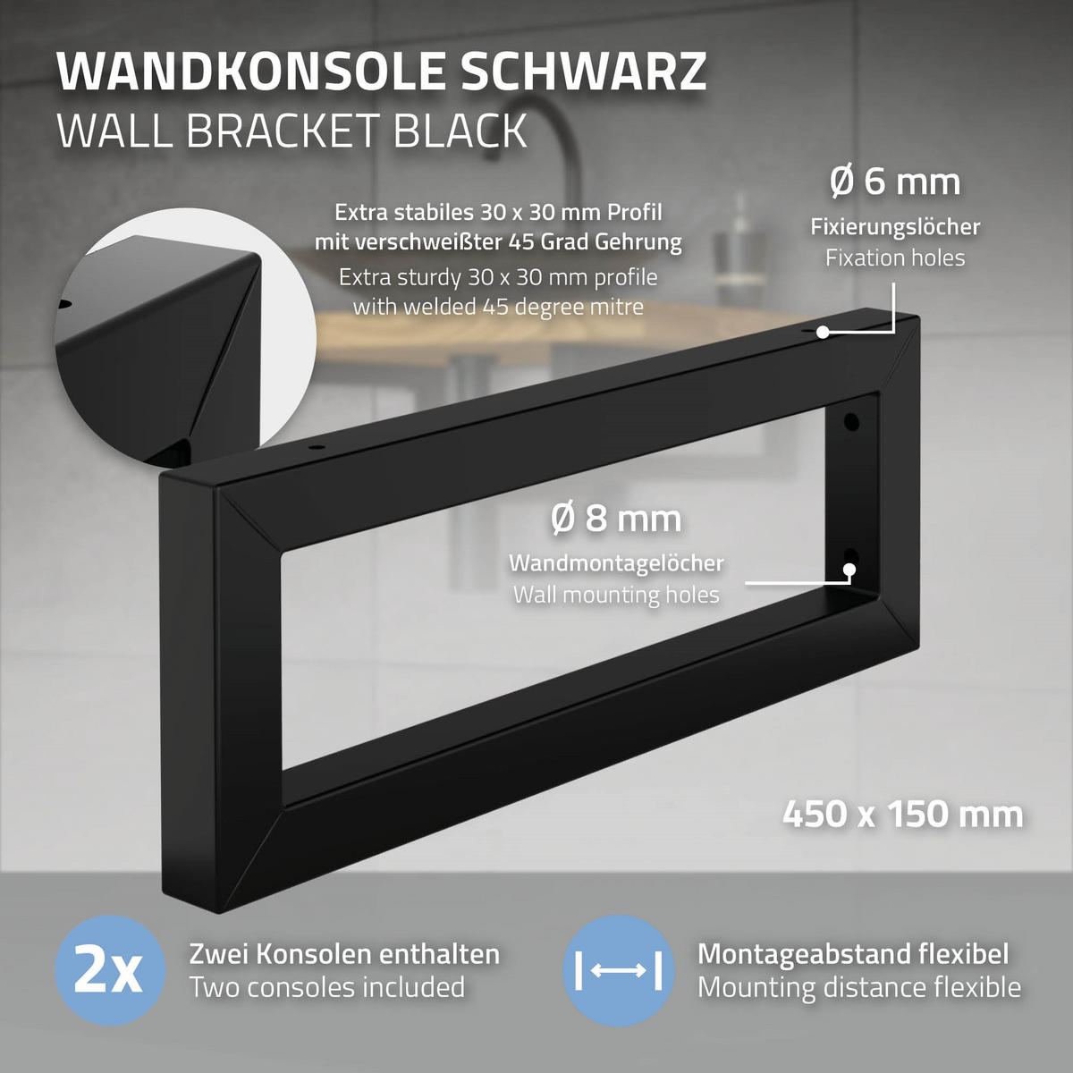 WANDKONSOLE 2er Set für Waschtisch 450x150 mm Schwarz aus Stahl - Schwarz, Metall (15/3/45cm) - ML-DESIGN