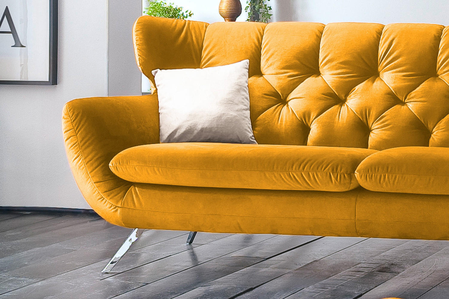 SOFA CHARME Gelb Velvet - Gelb/Silberfarben, Textil/Metall (200/94/95cm) - KAWOLA
