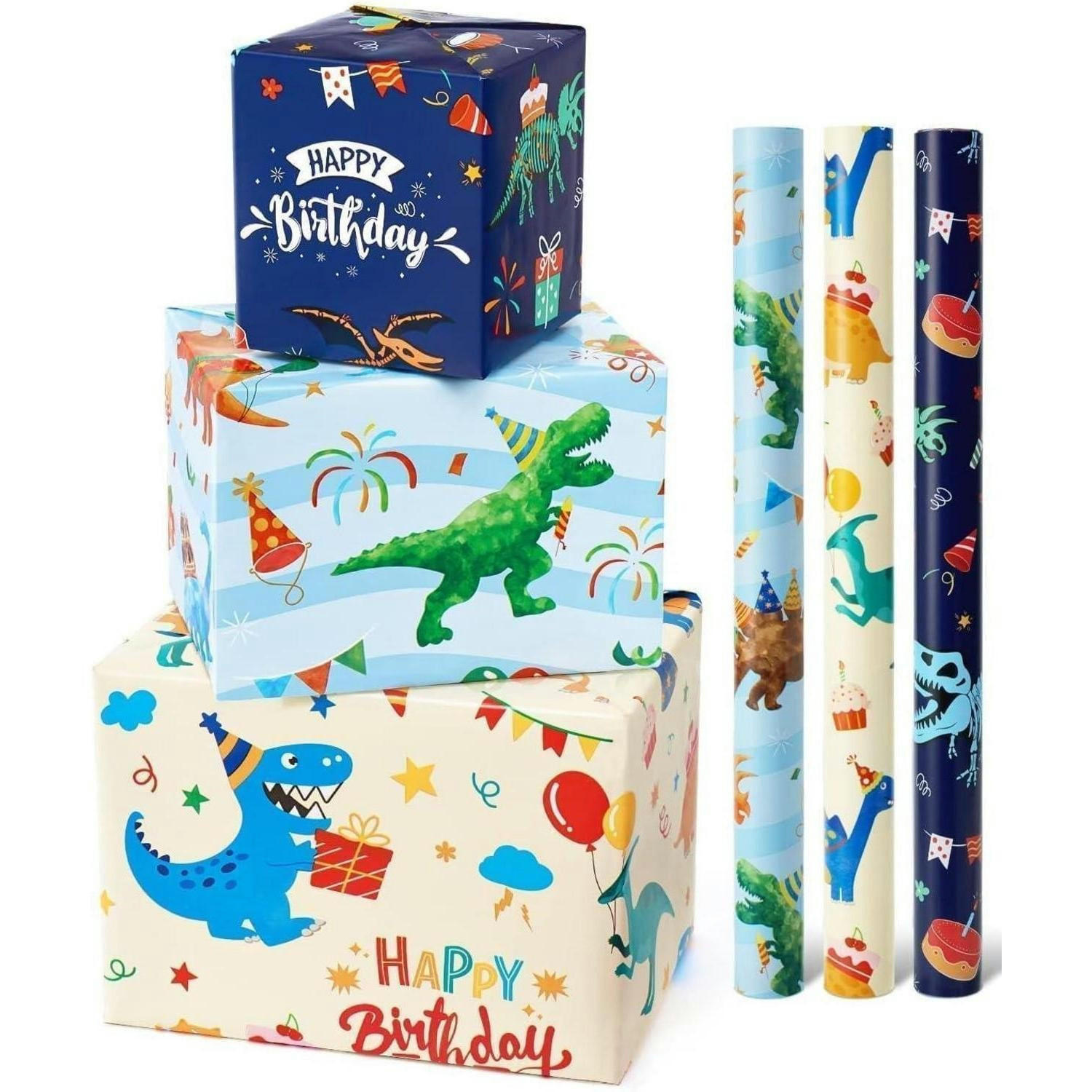 GESCHENKPAPIER 3 Rollen Set Dinosaurier Motiv 43 cm x 3 m - Multicolor, Papier (43/43/43cm)