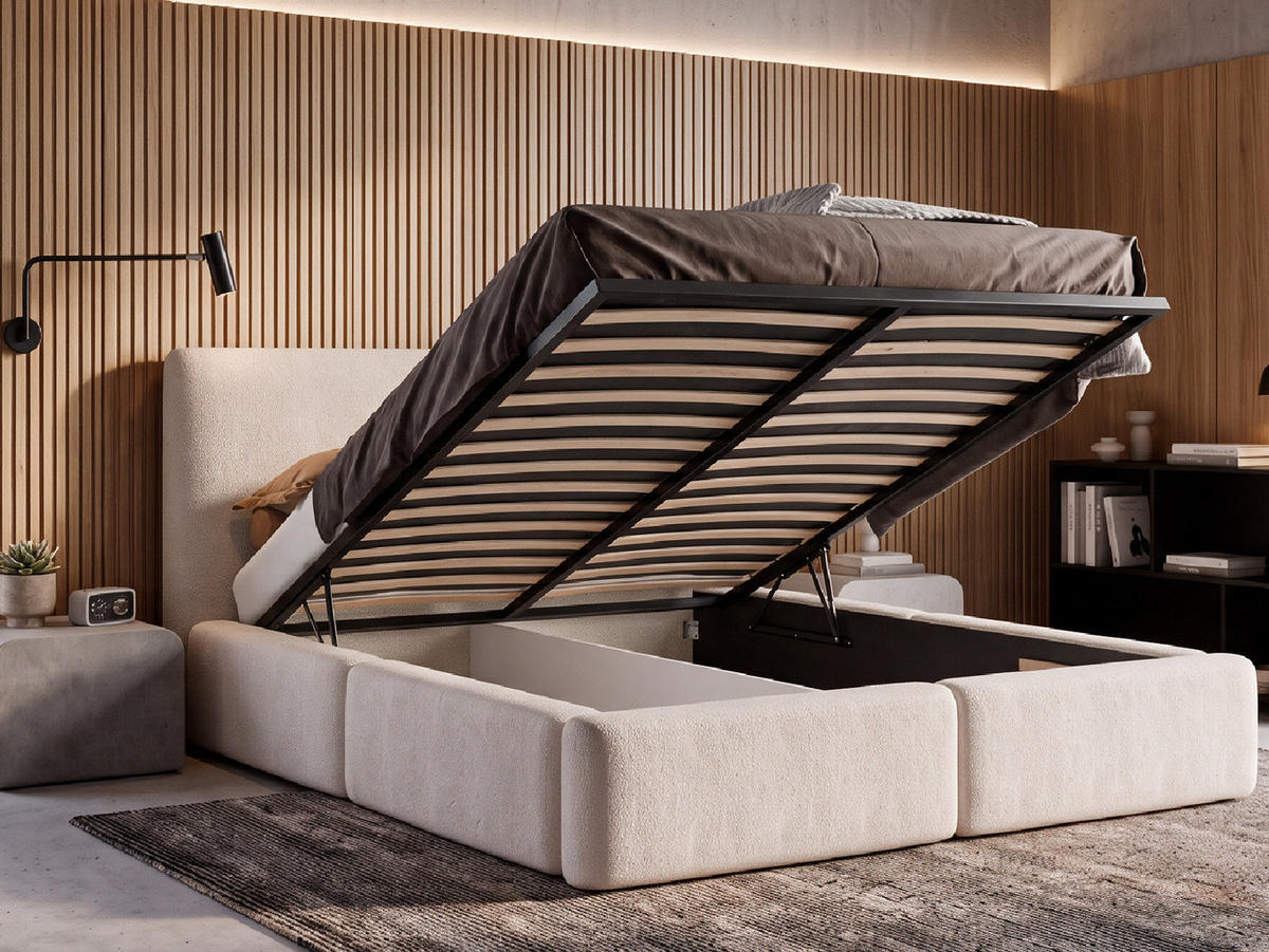 POLSTERBETT LIVIA 140x200 cm mit Bettkasten, Stauraum und Metall-Lattenrost – Bouclé Stoff Weiß - Schwarz/Weiß, Textil/Metall (140/200cm) - Luxkor24