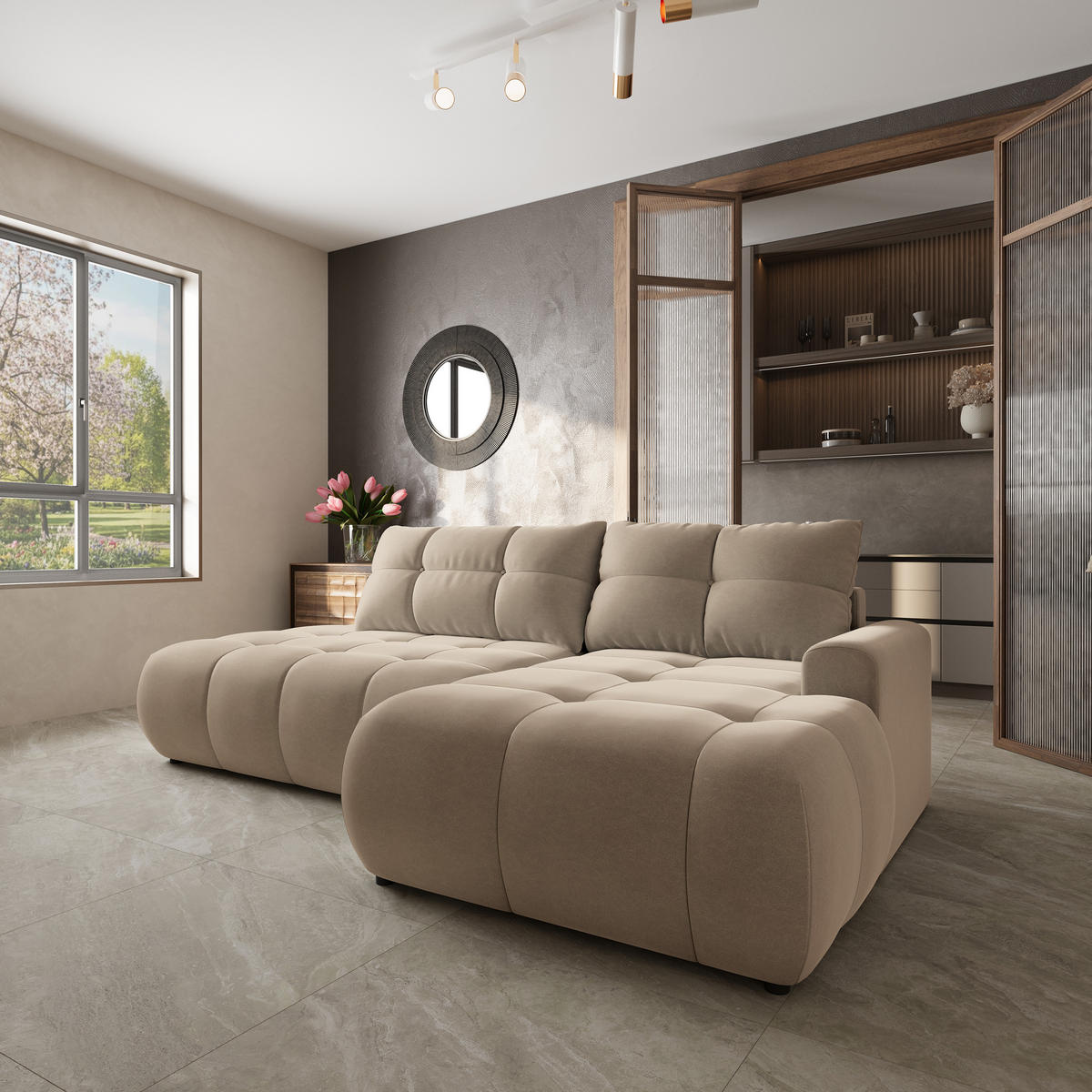 ECKSOFA FLUMA CL R-S Beige Samtstoff mit Schlaffunktion - Beige, Holzwerkstoff/Textil (279/158cm) - MASSENO