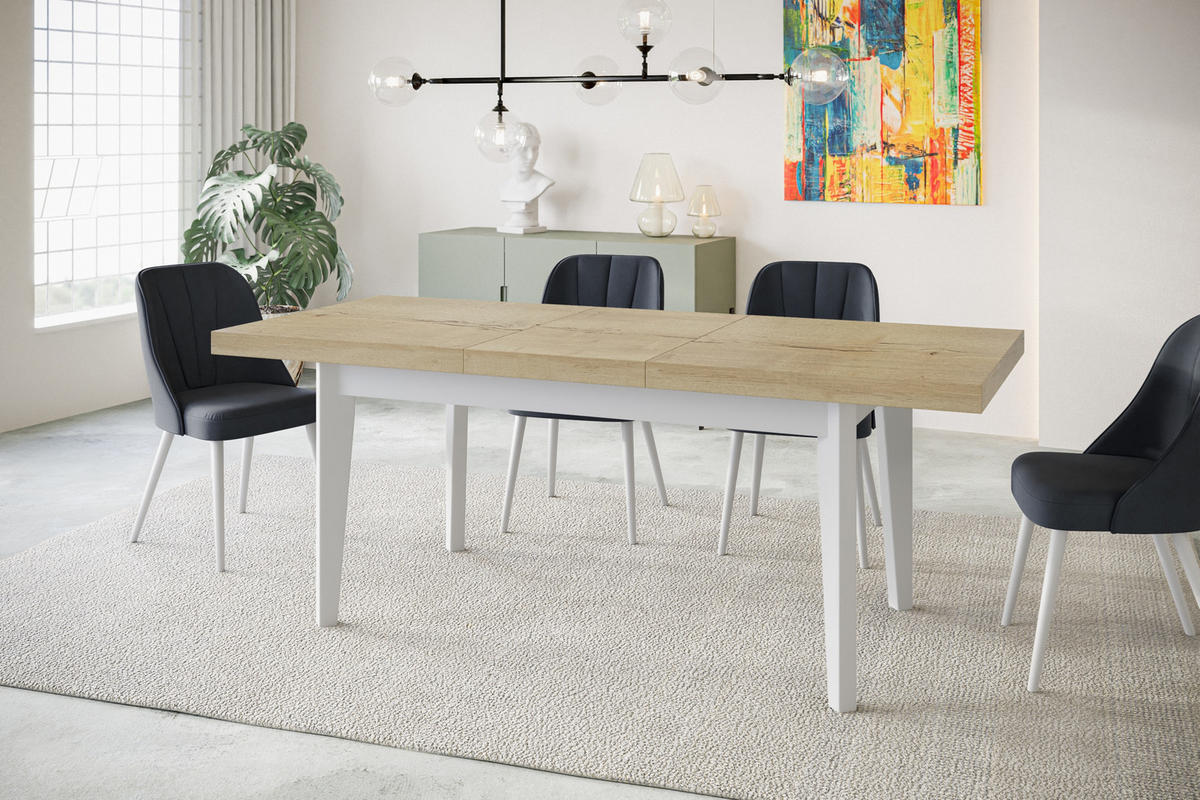 ESSZIMMERTISCH SKANDI, ausziehbarer Tisch: 140-180X80X78 cm, Farbe: HALIFAX, mit Holzbeinen in Farbe Weiß - Weiß/Naturfarben, Holzwerkstoff (140/80/78cm) - Alpi-Möbel