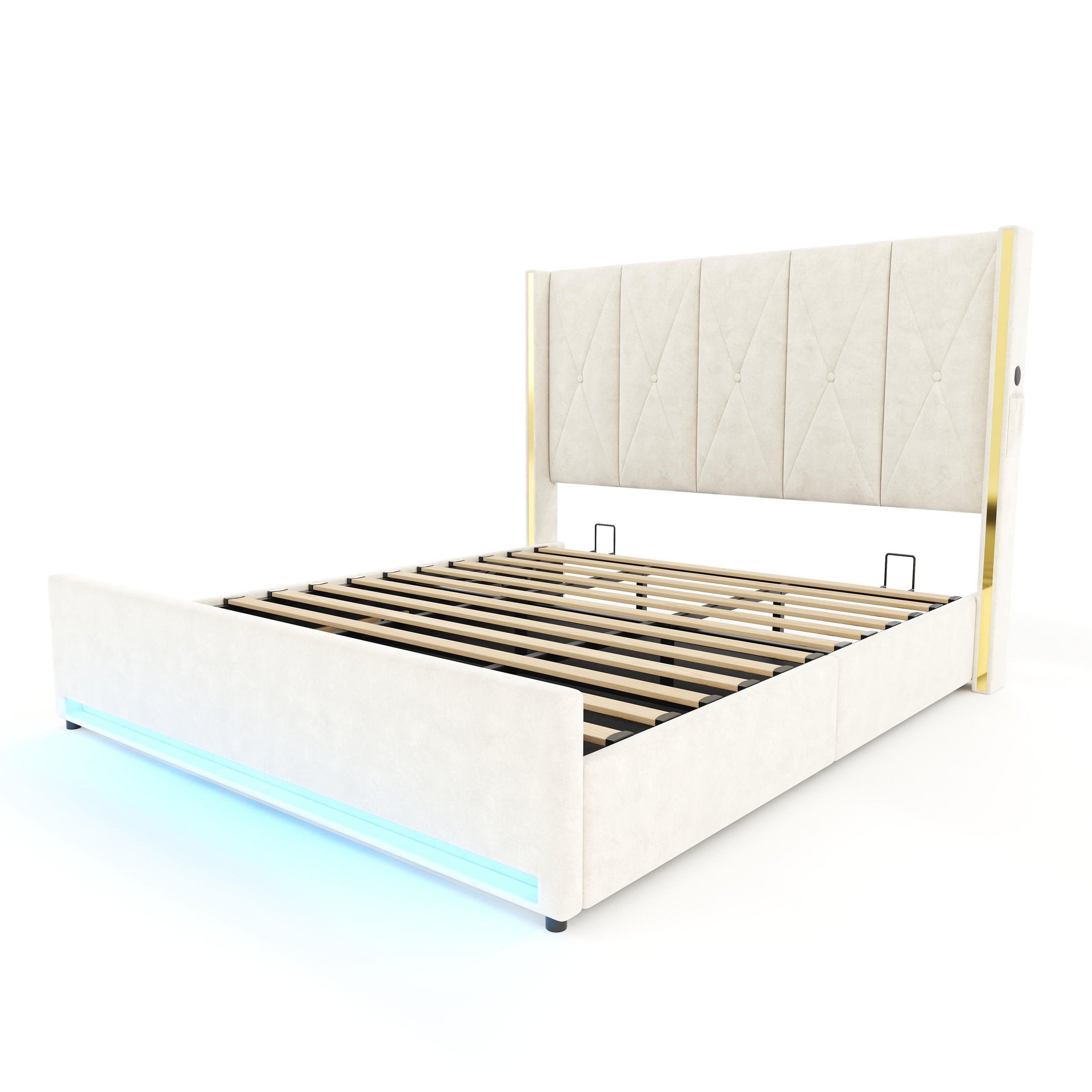 POLSTERBETT 180x200cm, Kopfteil gepolstert, Taschen, USB, LED, Hydraulik, Stauraum - Beige, Textil (180/200cm)