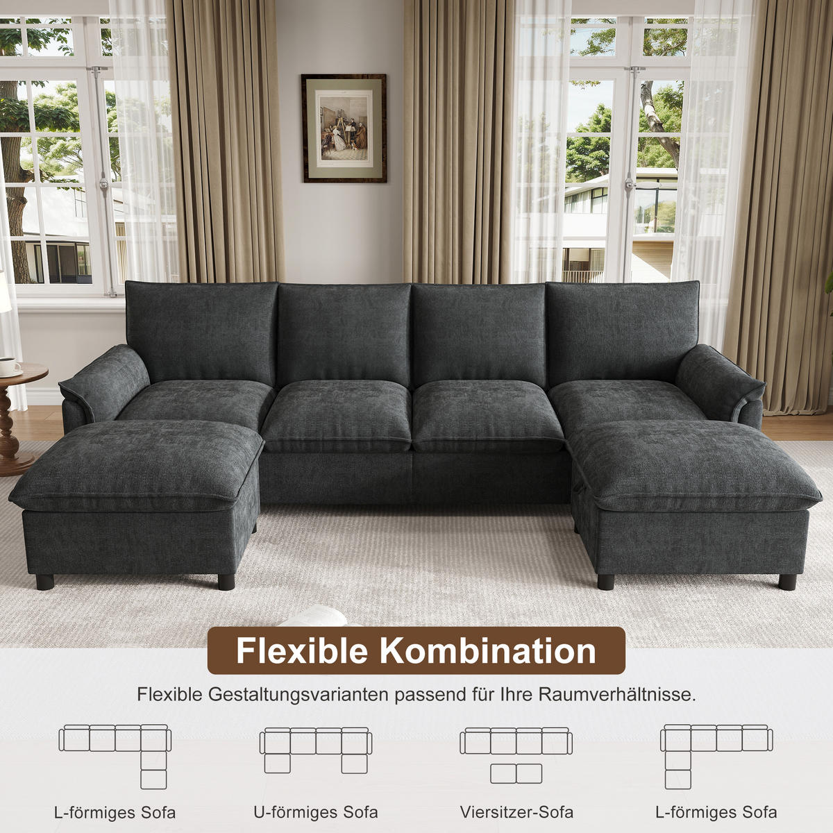 WOHNLANDSCHAFT U Form Modular Sofa Fußhocker Schwarz 265cm - Schwarz, Textil (264.5/84/142.5cm) - FLIEKS