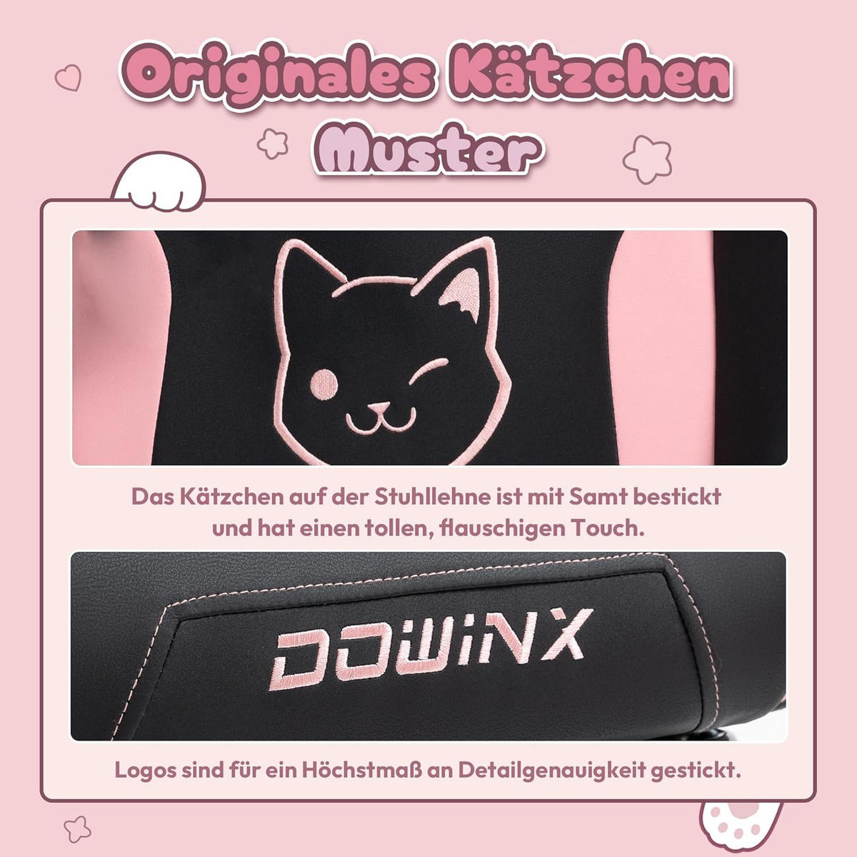 GAMING Stuhl & Lendenwirbelstütze/Hoher Rückenlehne/Fußstütze PU-Leder - Rosa, Leder (72/118/72cm)