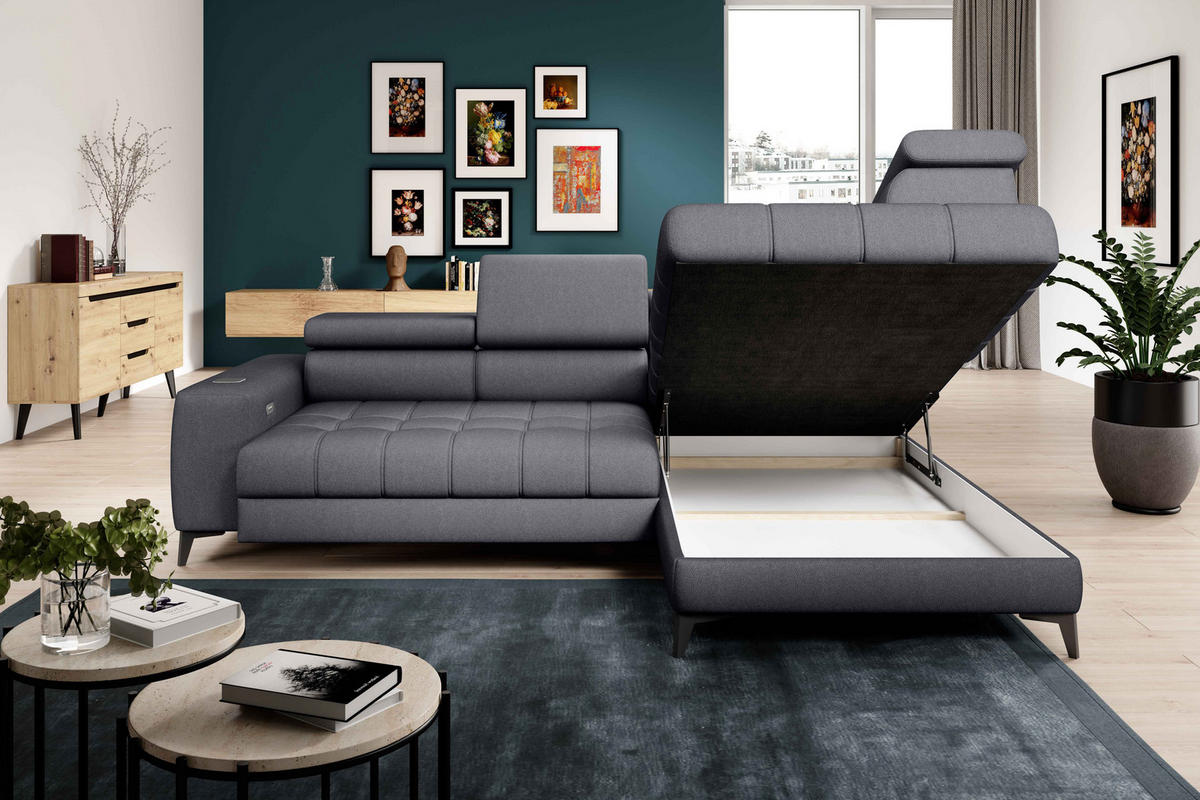 ECKSOFA BAGGIO Letto Stoff, Schlaffunktion, Bettkasten, Sitztiefe, Kopfstützen 280x196cm – Rechts – Dunkelgrau - Dunkelgrau, Holz/Textil (280/196cm) - DomoHome