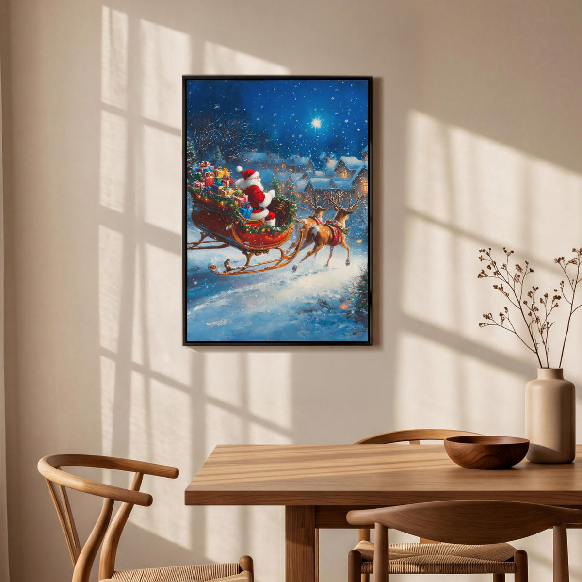 LEINWAND Bilder mit Rahmen - Weihnachtsmann - Rentier - Weihnachten - Schnee - 60x90 - Cognac, Textil (60/90cm) - MuchoWow
