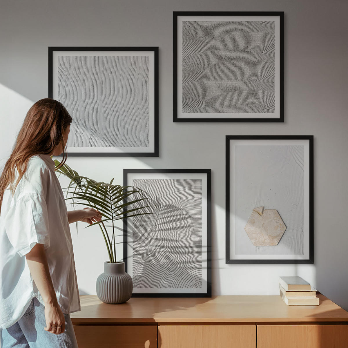 WANDBILDER 4er-Set - 50x50 cm & 40x60 cm Schwarzer Rahmen - Leichte Boho-Sandtexturen - Schwarz, Kunststoff (50/50cm) - ArtPrintCave