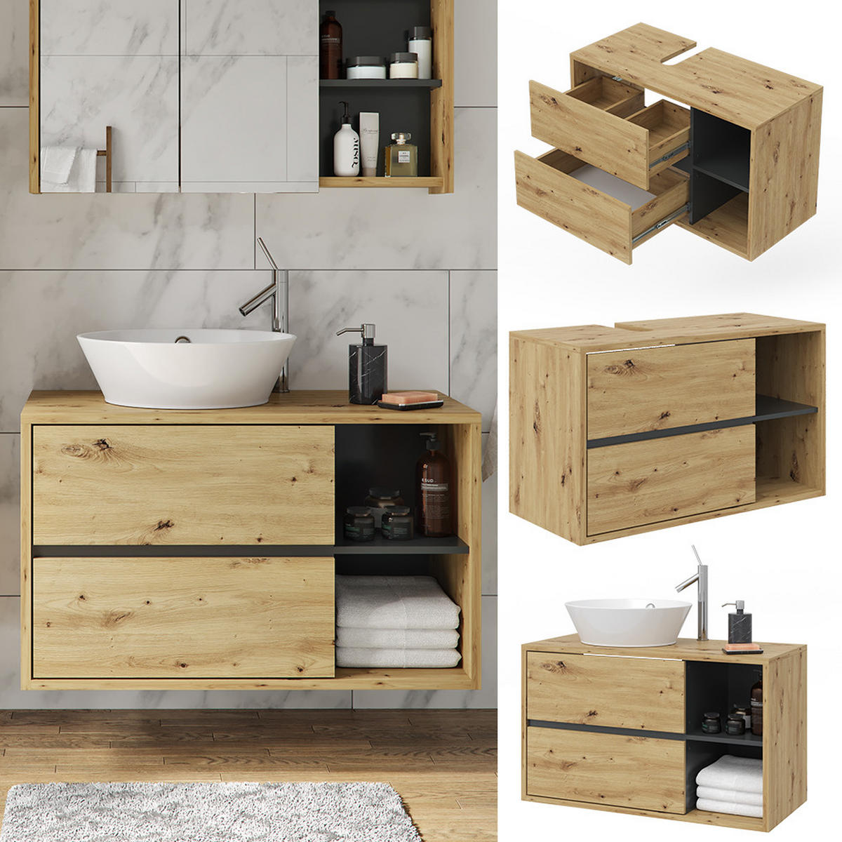 WASCHBECKENUNTERSCHRANK Viola Artisan-Eiche 100 x 60 cm - Eichefarben/Anthrazit, Holzwerkstoff (100/60/45.5cm) - Vicco