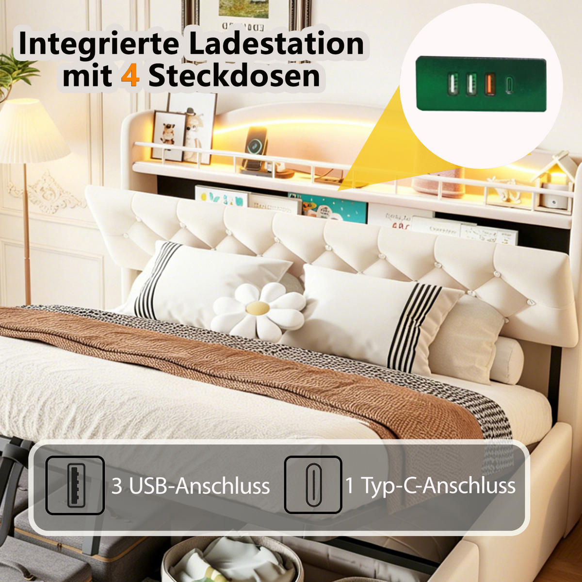 POLSTERBETT 180x200 cm in Beige mit LED-Kopfteil, USB-/USB-C-Anschlüssen und Bettkasten - Beige, Textil (180/200cm) - IVMEU