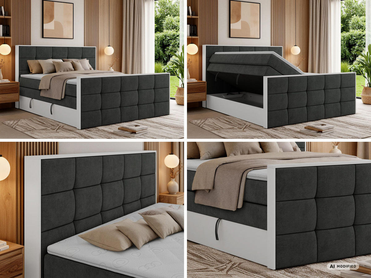 BOXSPRINGBETT ALVIT KING DUO 200/200 - Dunkelgrau Stukture - Topper Visco - H3 - Dunkelgrau/Schwarz, Kunststoff/Textil (200/200cm) - MKS