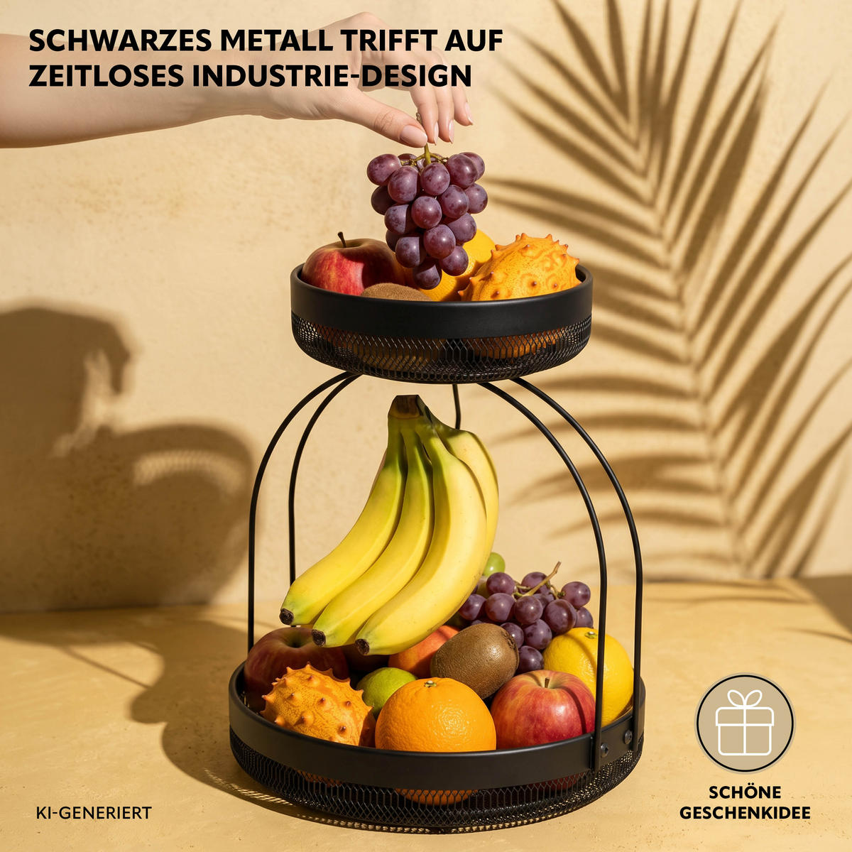 OBSTETAGERE mit Bananenhalter, schwarz, rund - Schwarz, Metall (30/38.5cm) - eluno