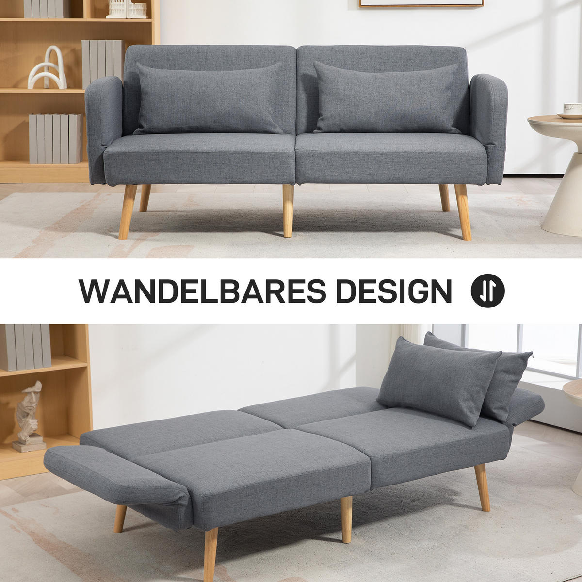 3-SITZER Schlafsofa, 2-Sitzer Klappbett mit Bettfunktion, 2 Wurfkissen Grau - Naturfarben/Grau, Holz/Textil (83/80/170cm) - HOMCOM