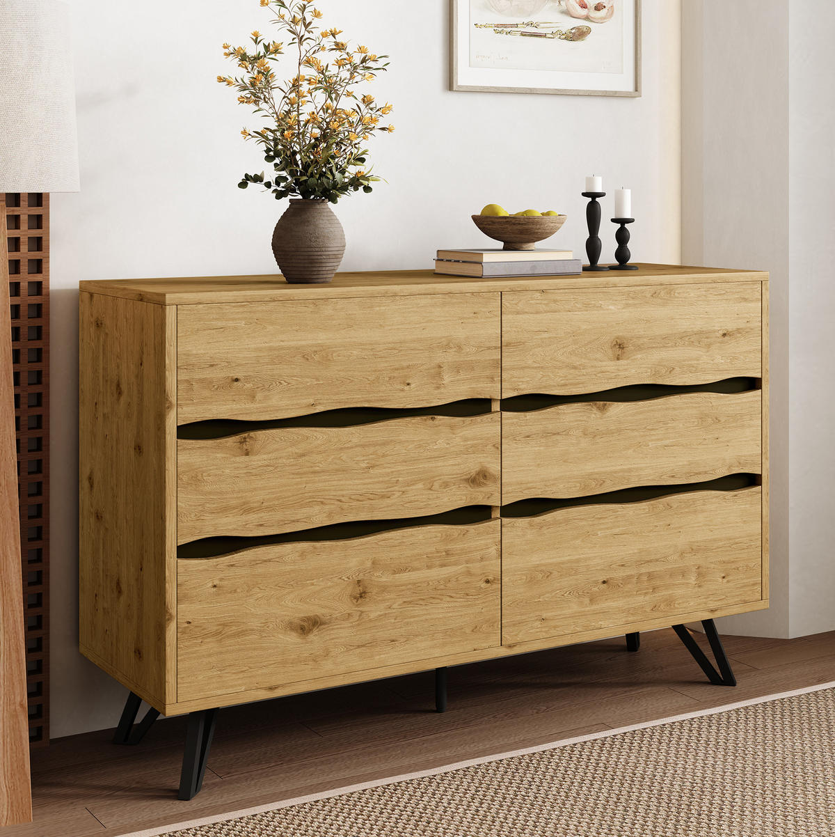 SIDEBOARD mit 6 Schubladen 120/40/75,5 cm in Holzoptik mit Metallfüßen - Naturfarben, Holzwerkstoff (120/75.5/40cm) - BEAOK