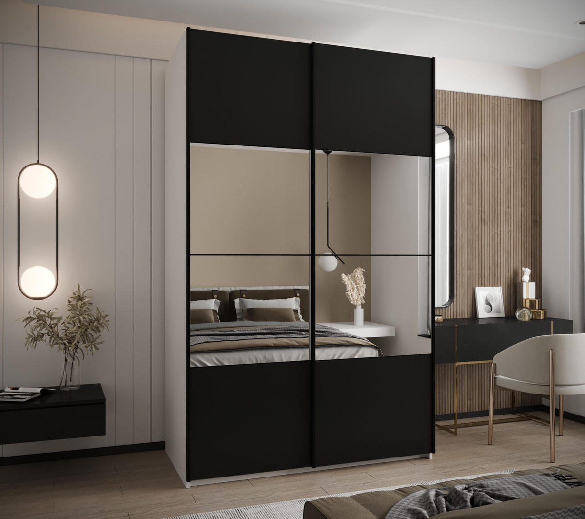 SCHWEBETÜRENSCHRANK 245,5/160/64 2-türig - Schwarz/Weiß, Holz/Metall (160/245/64cm) - Abiks Möbel