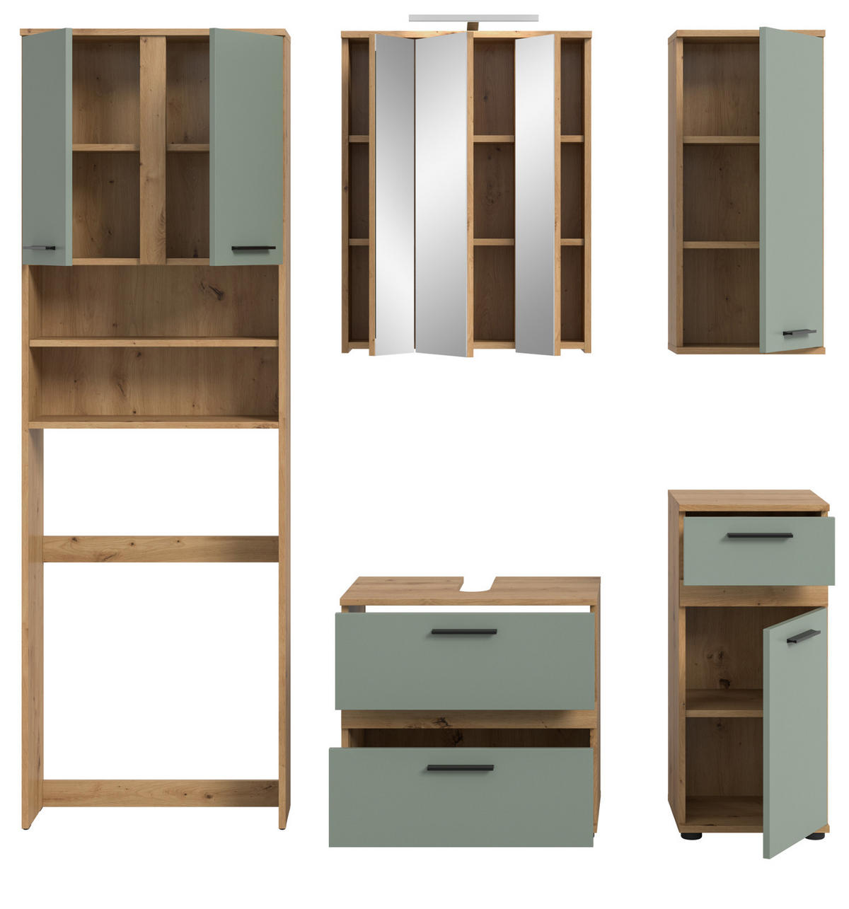 BADMÖBEL-SET Salbei grün, Eiche Artisan 192 cm 6-teilig, Badkombination in modernem Design - Salbeigrün/Schwarz, Glas/Holzwerkstoff (192/191/34cm) - Inn.Furn
