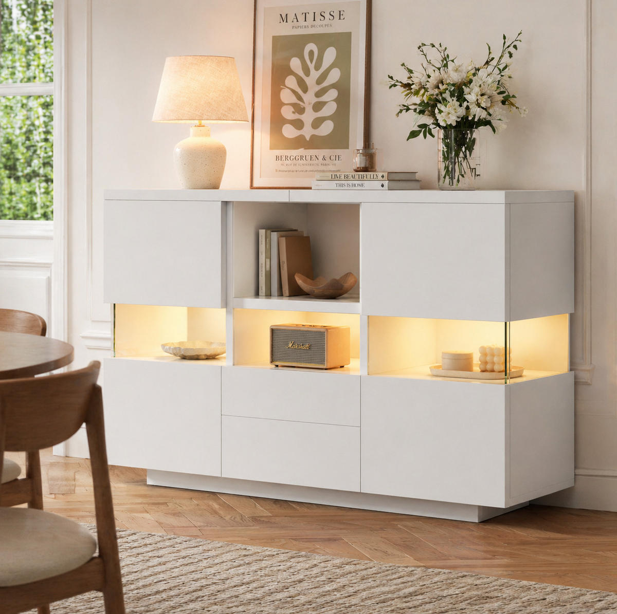 SIDEBOARD in Weiß Anrichte mit Schubladen und offenen Fächern für Wohnzimmer, B140/T35/H75 cm - Weiß, Holzwerkstoff/Metall (140/75/35cm) - STILVORA