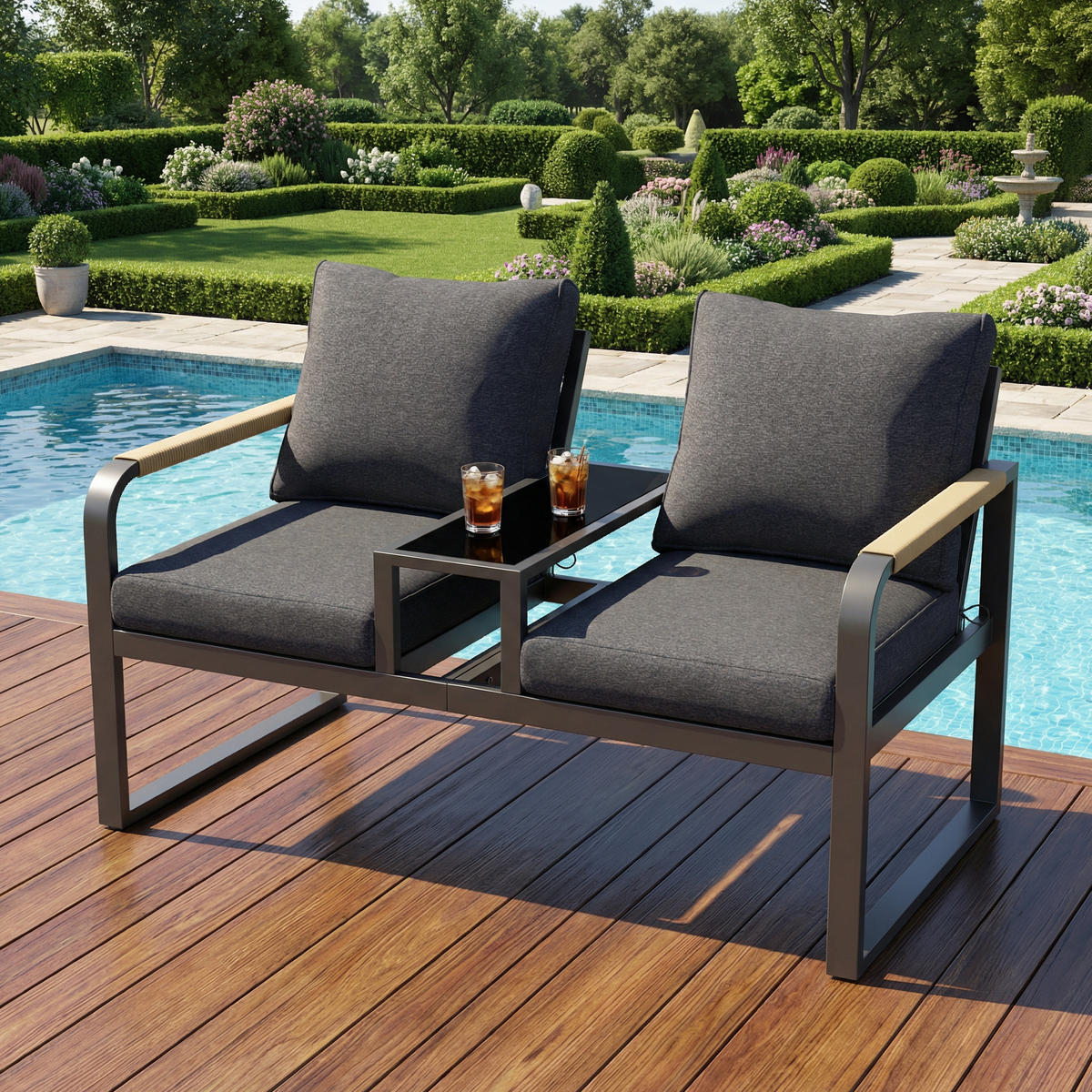 GARTENMÖBEL-SET 2-Sitzer Outdoorsofa Stahl Glas Geflecht Grau - Grau, Textil (75/78.5/137cm) - FLIEKS