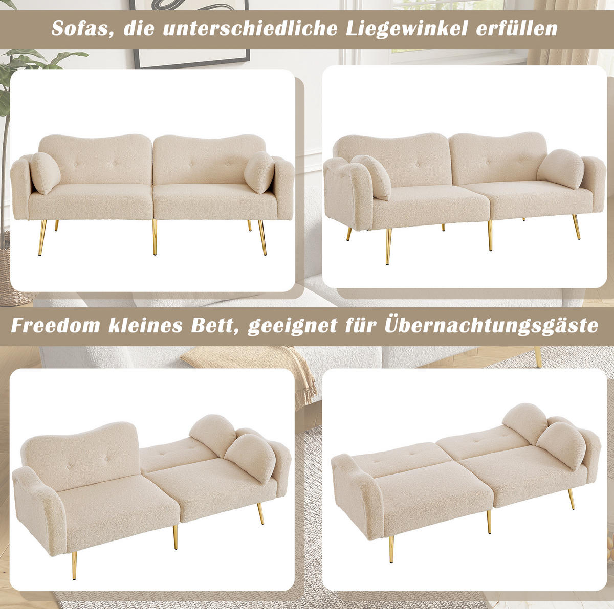 SOFABETT Zweisitzer Wollmisch-Bezug mit verstellbarer Rückenlehne Beige 175/79/82 cm - Beige, Textil (79/82/175cm) - Redom