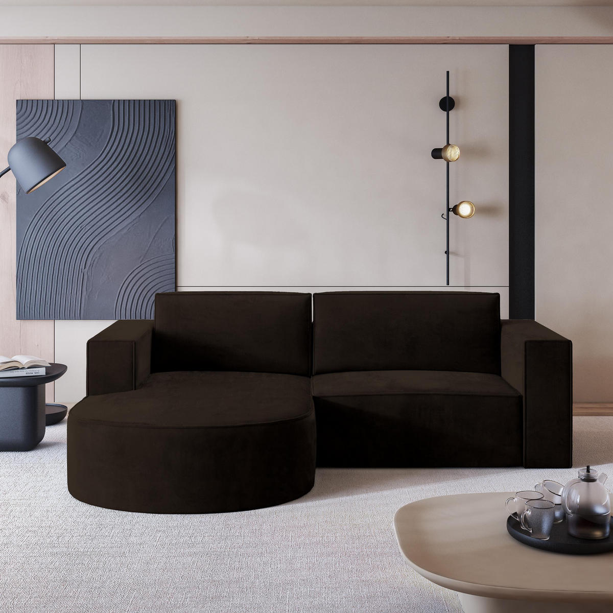 ECKSOFA SORELA M L-S Braun Velours-Stoff mit Schlaffunktion - Braun, Holz (263/174cm) - MASSENO