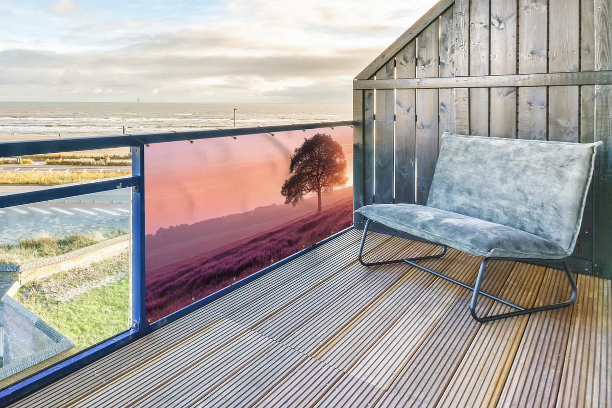 BALKON-SICHTSCHUTZ Baum - Heidekraut - Sonnenaufgang - Flieder, Kunststoff (200/110cm) - MuchoWow