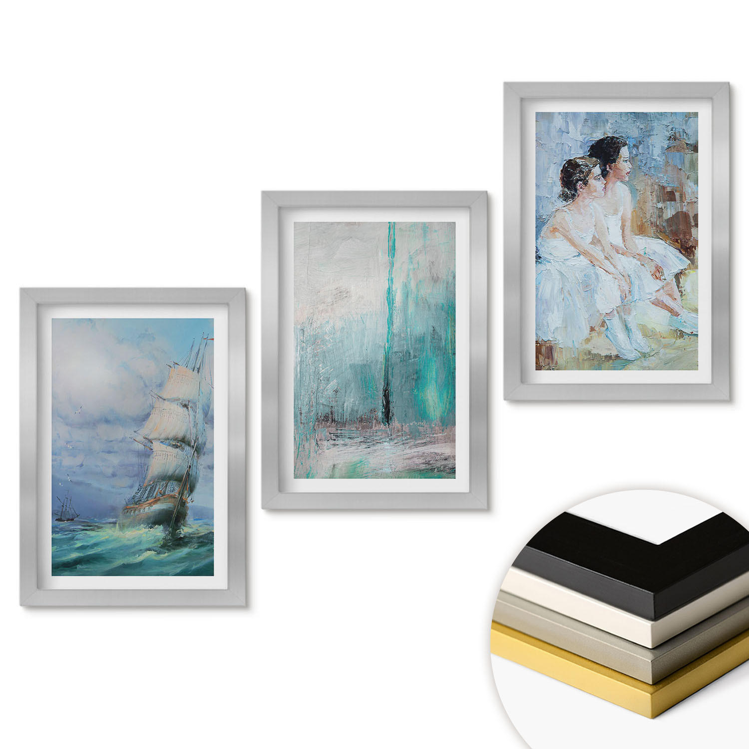 WANDBILDER 3er Set - 20x30 cm Silberner Rahmen - Abstrakte Tänzerin auf dem Schiffsmeer - Silberfarben, Kunststoff (20/30cm) - ArtPrintCave