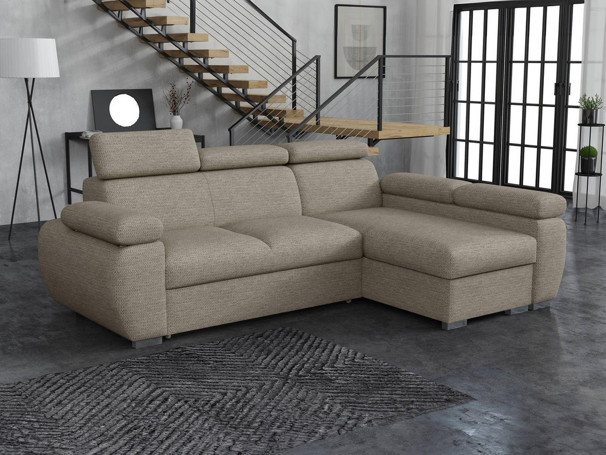 ECKSOFA Boston Mini, Seite: Rechts - 2R+LC - Chromfarben/Hellbraun, Holz/Textil (255/170cm) - MIRJAN24