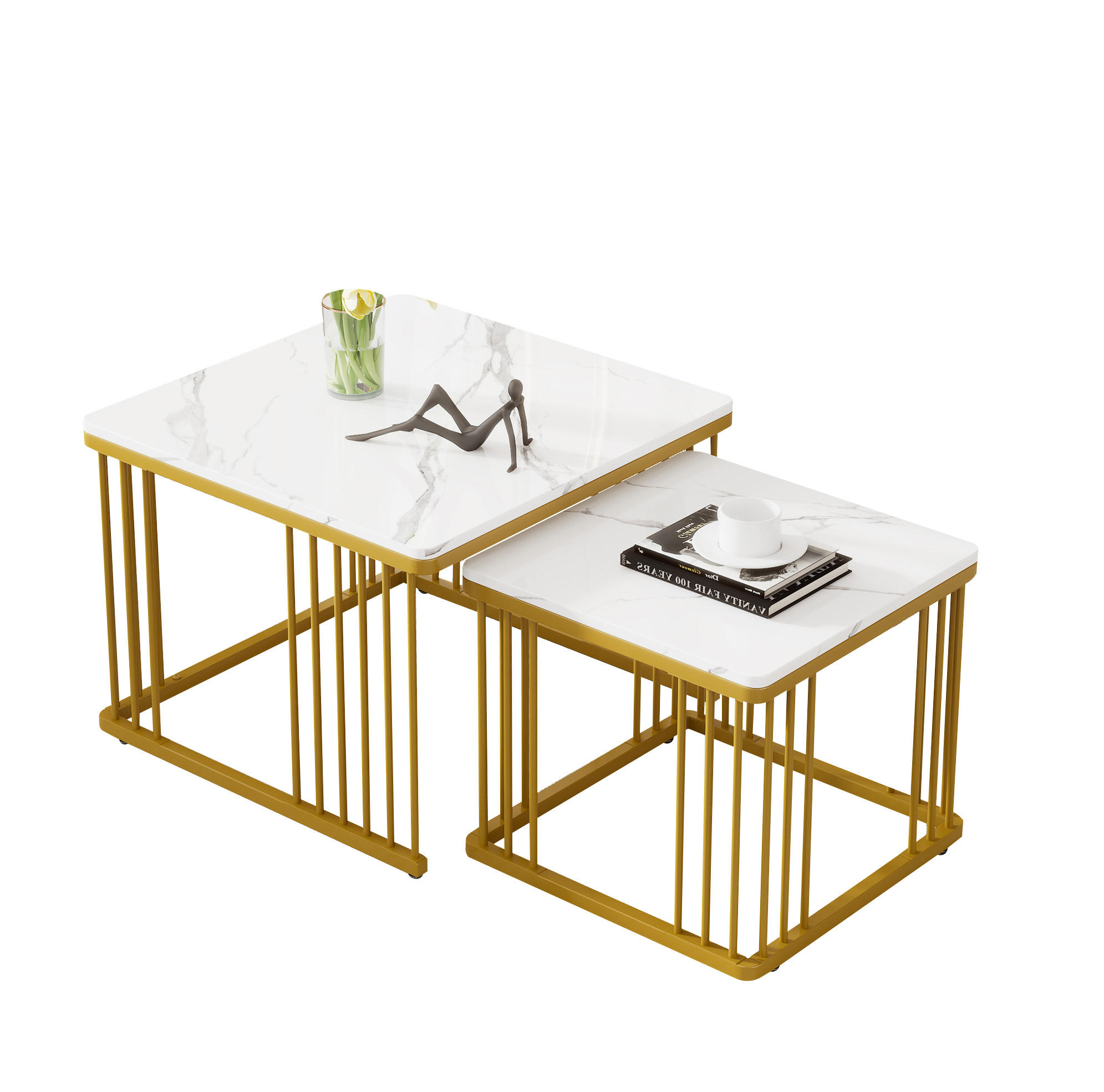 Modfu SADA konferenčních stolků z MDF 60x60x45 cm a 45x45x40 cm bílá se vzhledem mramoru, zasouvací
