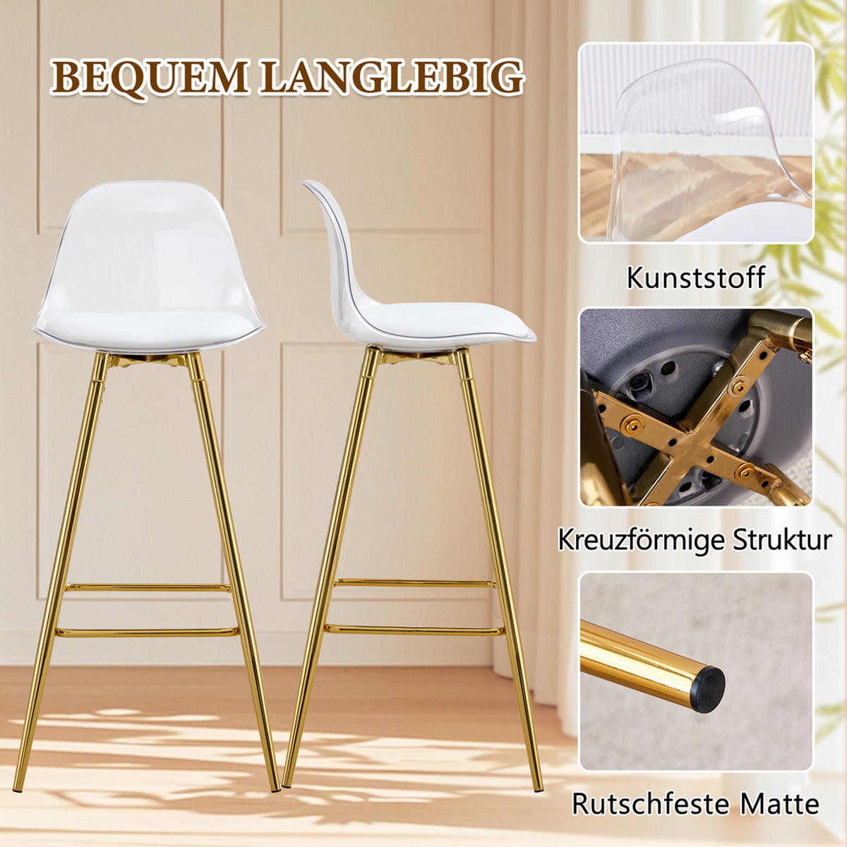 TISCHGRUPPE 3-tlg Glastisch Rund 89cm Barhocker Gold - Transparent, Glas/Metall (41.5/33.5/72cm) - Raelunyi