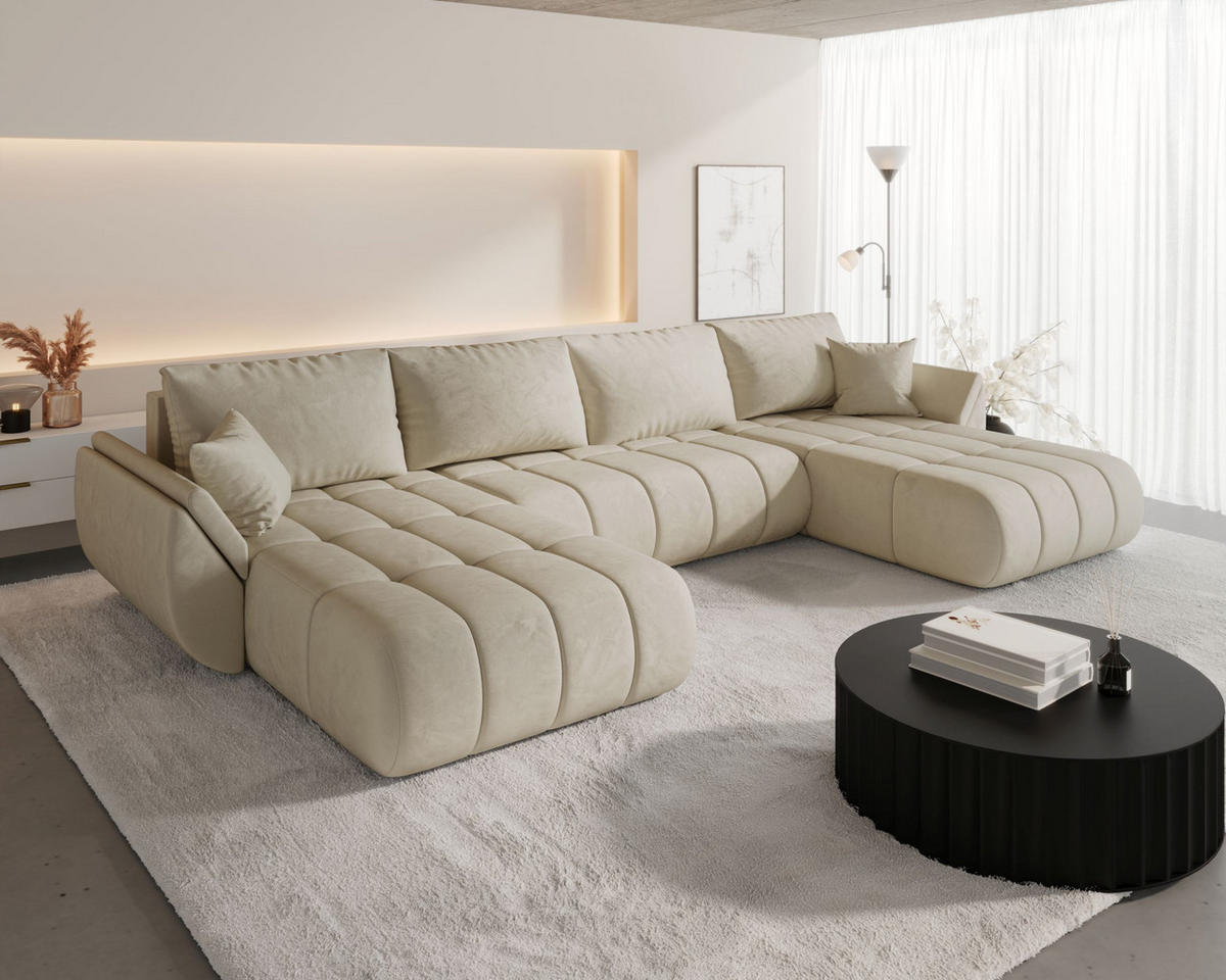 WOHNLANDSCHAFT SYDNEY PREMIUM U-Form beige Velours Monolith 2 - Schlaffunktion, Bettkasten - Beige, Textil (385/85/175cm) - Cornero