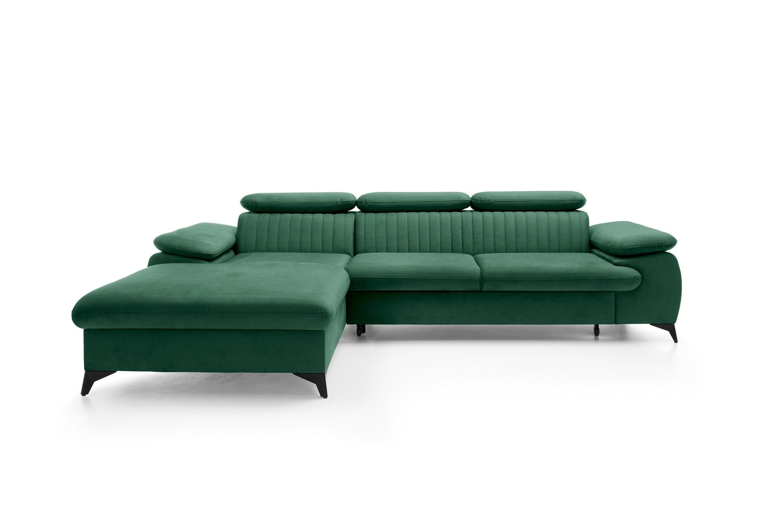 ECKSOFA FIORE Grün Velours-Stoff mit Schlaffunktion - Grün, Holz (280/193cm) - MASSENO