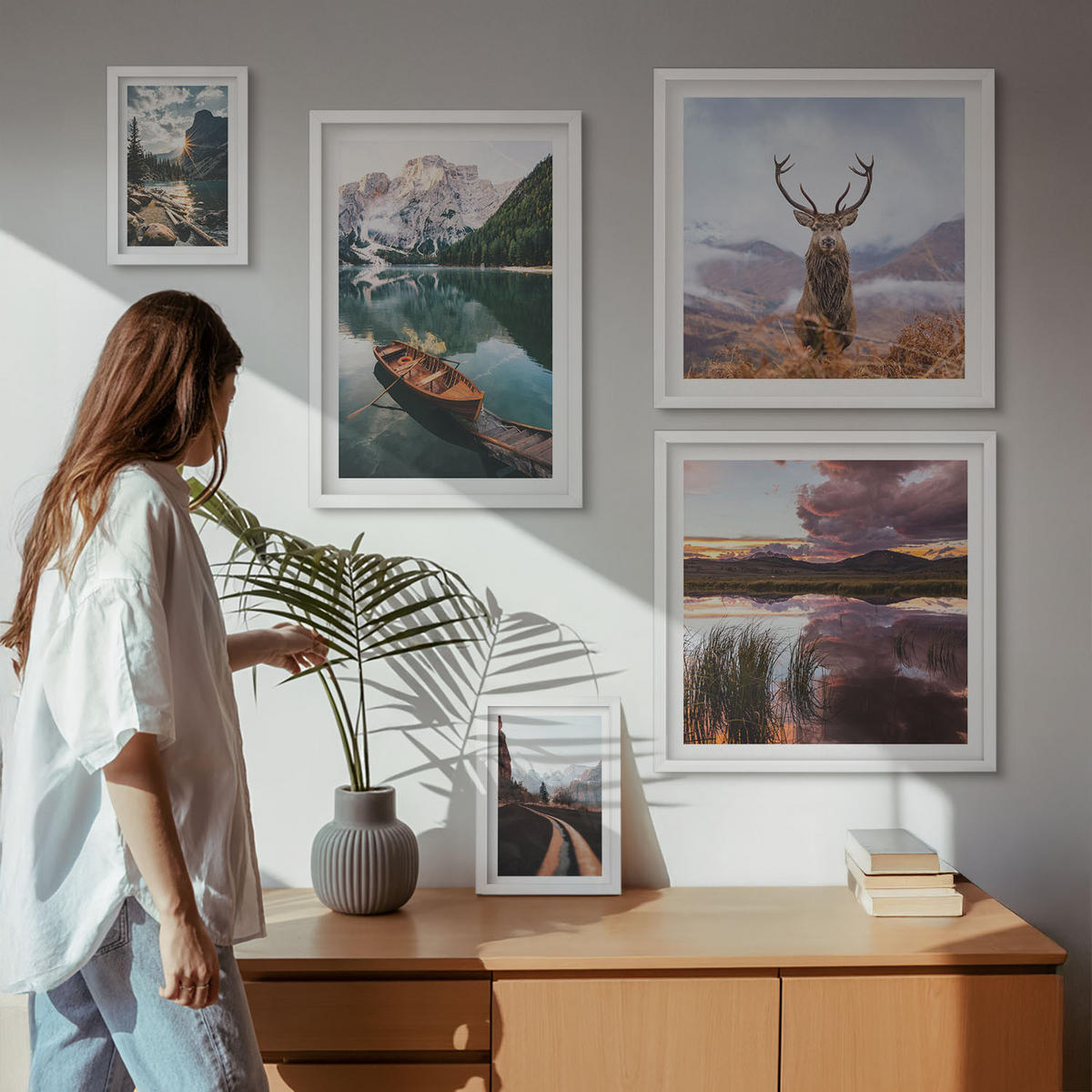 WANDBILDER 5er-Set - 50x50 cm & 20x30 cm & 40x60 cm Weißer Rahmen - Bergsee, Bootsfahrt, Sonnenuntergang, Hirsche - Weiß, Kunststoff (40/60cm) - ArtPrintCave