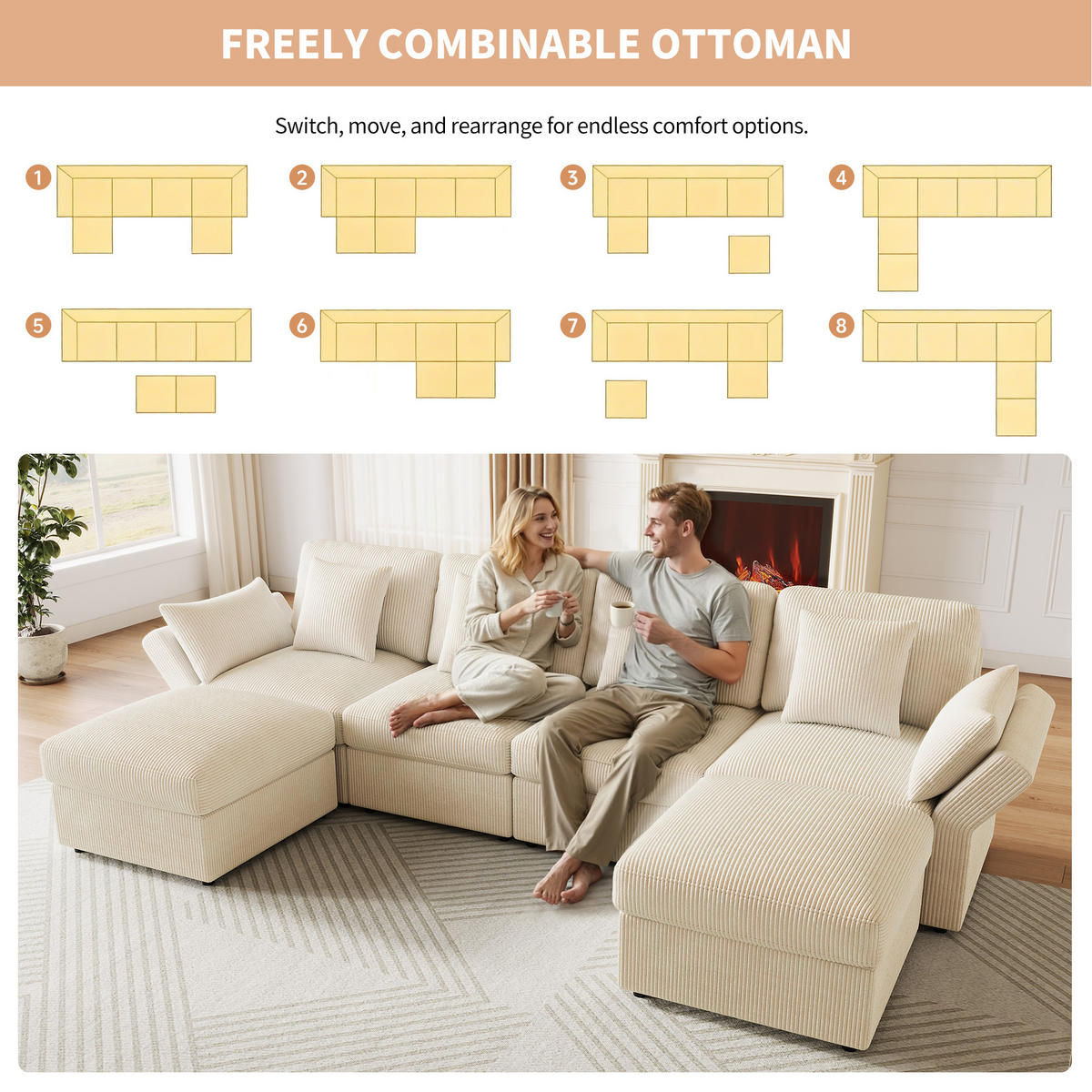 WOHNLANDSCHAFT Beige 290/159,5/89 cm 6-Sitzer Cordstoff - Beige, Textil (290/89/159.5cm) - PANGIVO