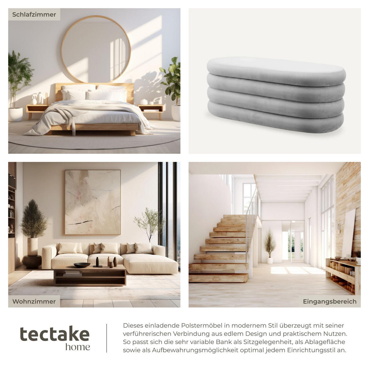 TRUHENBANK Altu,110 x 45 x 42 cm,Samtoptik grau - Samtahornfarben, Holz (110/42/45cm) - tectake