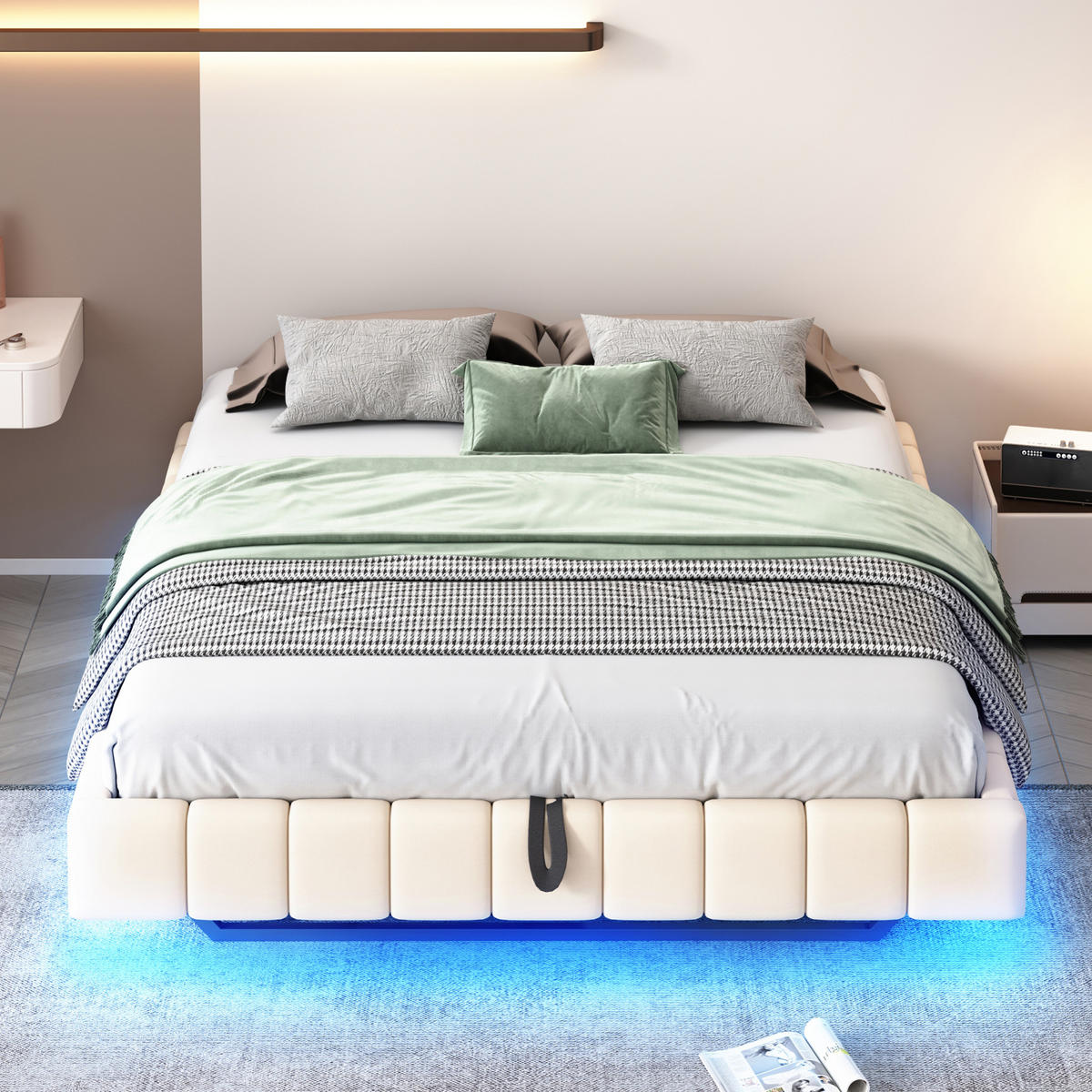 POLSTERBETT 160/200 cm Beige aus Stoff mit LED-Lichtleiste - Beige, Textil (160/200cm) - OKMYHOME