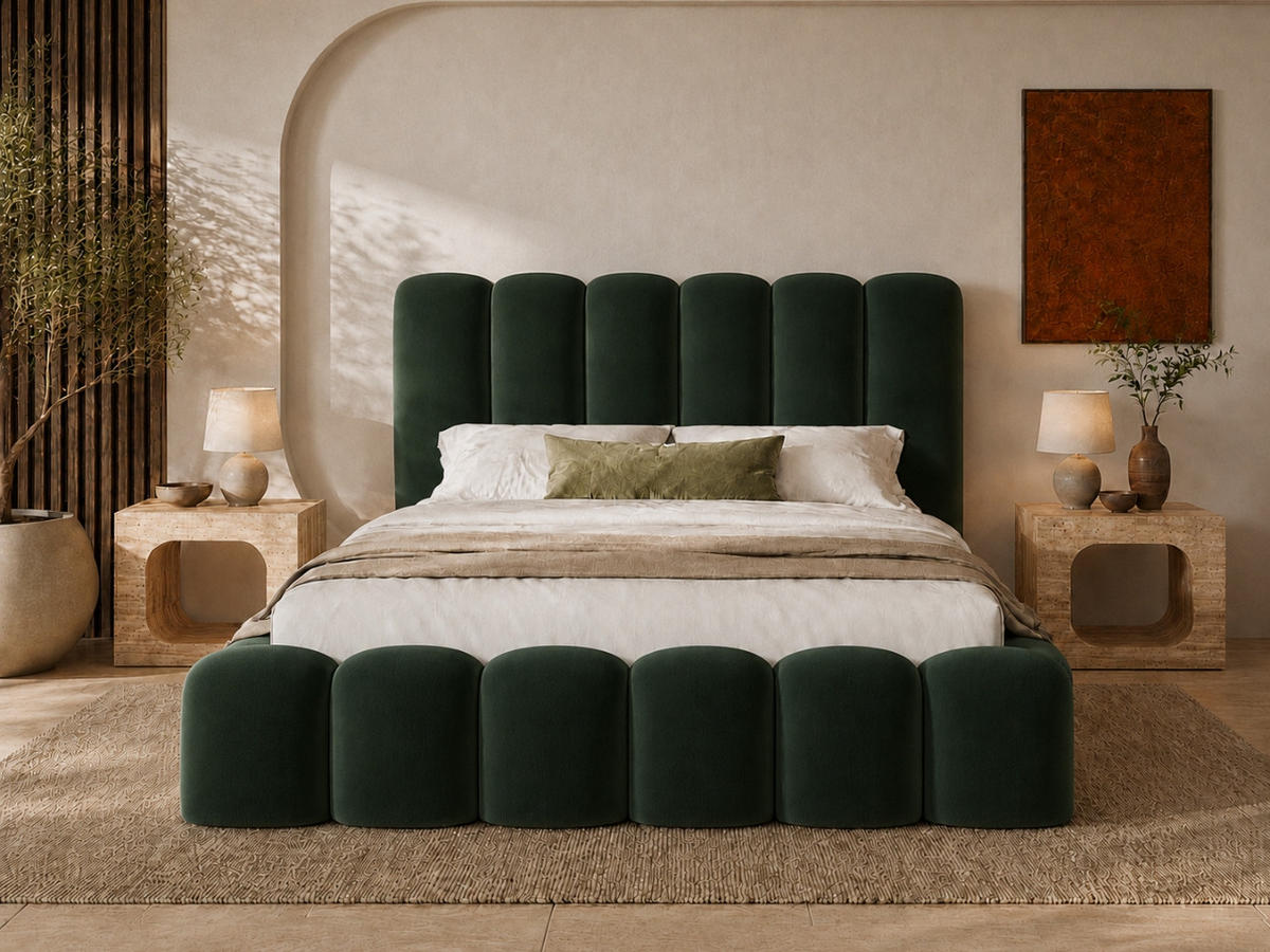 POLSTERBETT MELLOW 140x200 cm in Grün, gepolstertes Kopfteil, Lattenrost, Bettkasten, Velvet-Stoff - Grün, Holz/Textil (140/200cm) - EMLAR Home