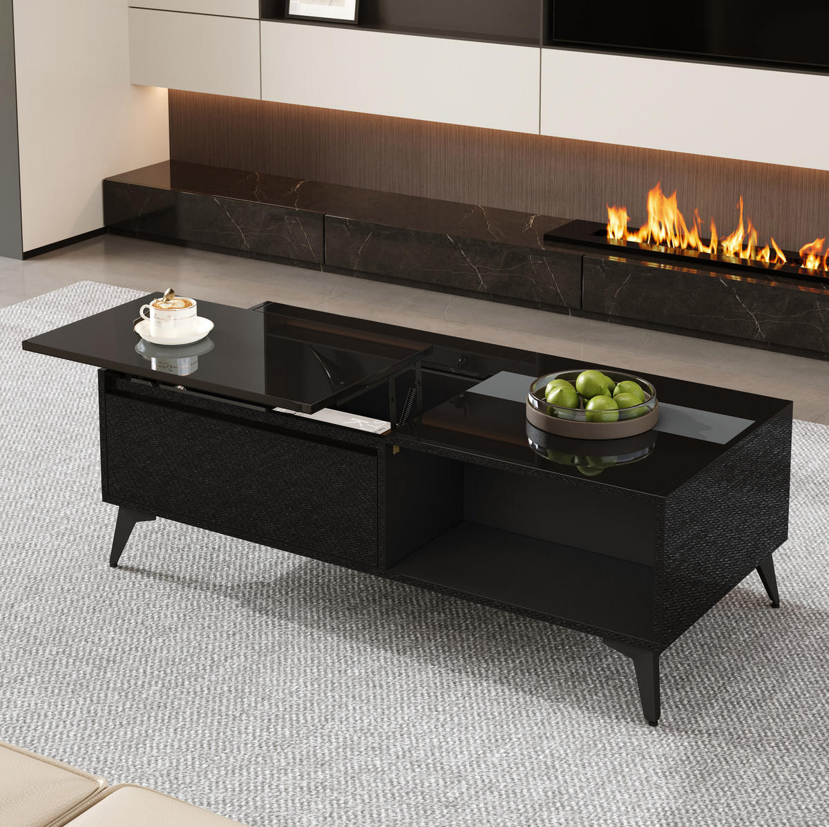 COUCHTISCH 110/50/48 cm mit Hebemechanismus, Stauraum und offenen Fächern aus Spanplatte, Schwarz - Schwarz, Holzwerkstoff (110/50/48cm) - Redom