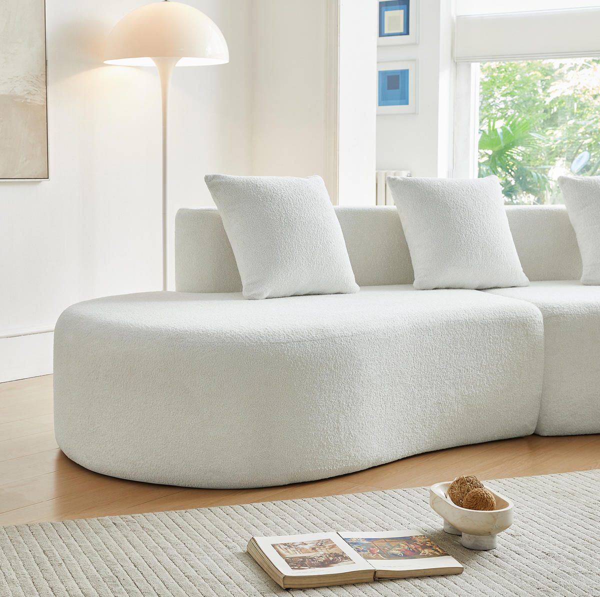 ECKSOFA mit Samtstoffbezug Weiß 277x103x68 cm, 3-Sitzer in geschwungener Form - Weiß, Textil (103/277cm) - IVMEU