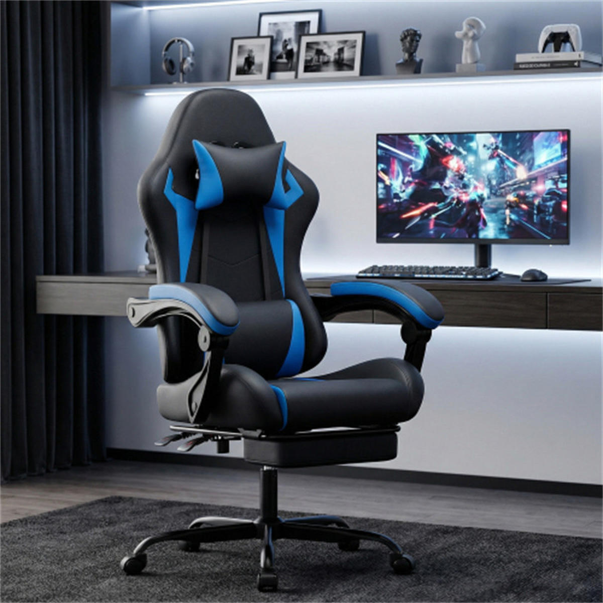 GAMINGSTUHL Ergonomisch Schwarz-Blau, höhenverstellbar & drehbar, Metall-PVC-Bezug, 58,5 x 63 x 120,5 cm - Blau, Metall (63/120.5/58.5cm) - Albatros