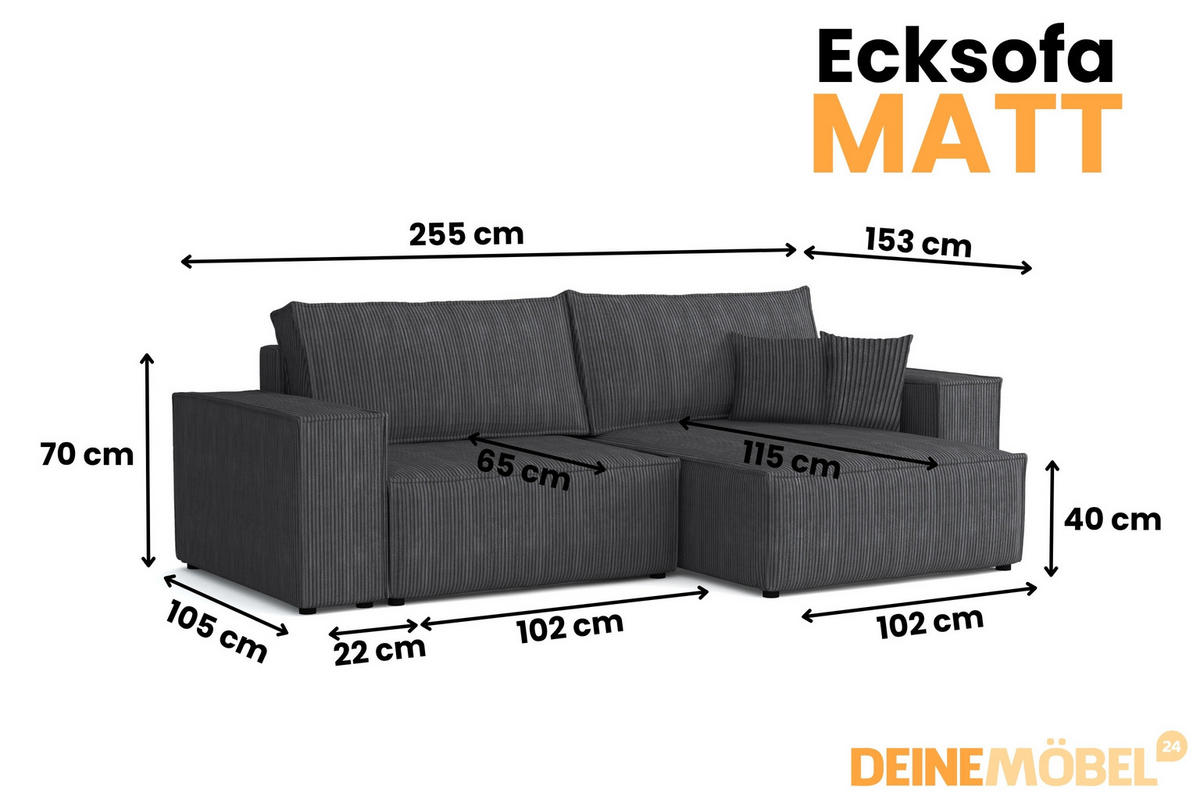 ECKSOFA MATT 255/153 cm links in Cord Anthrazit - Anthrazit/Schwarz, Holz/Holzwerkstoff (255/153cm) - Deine Möbel 24